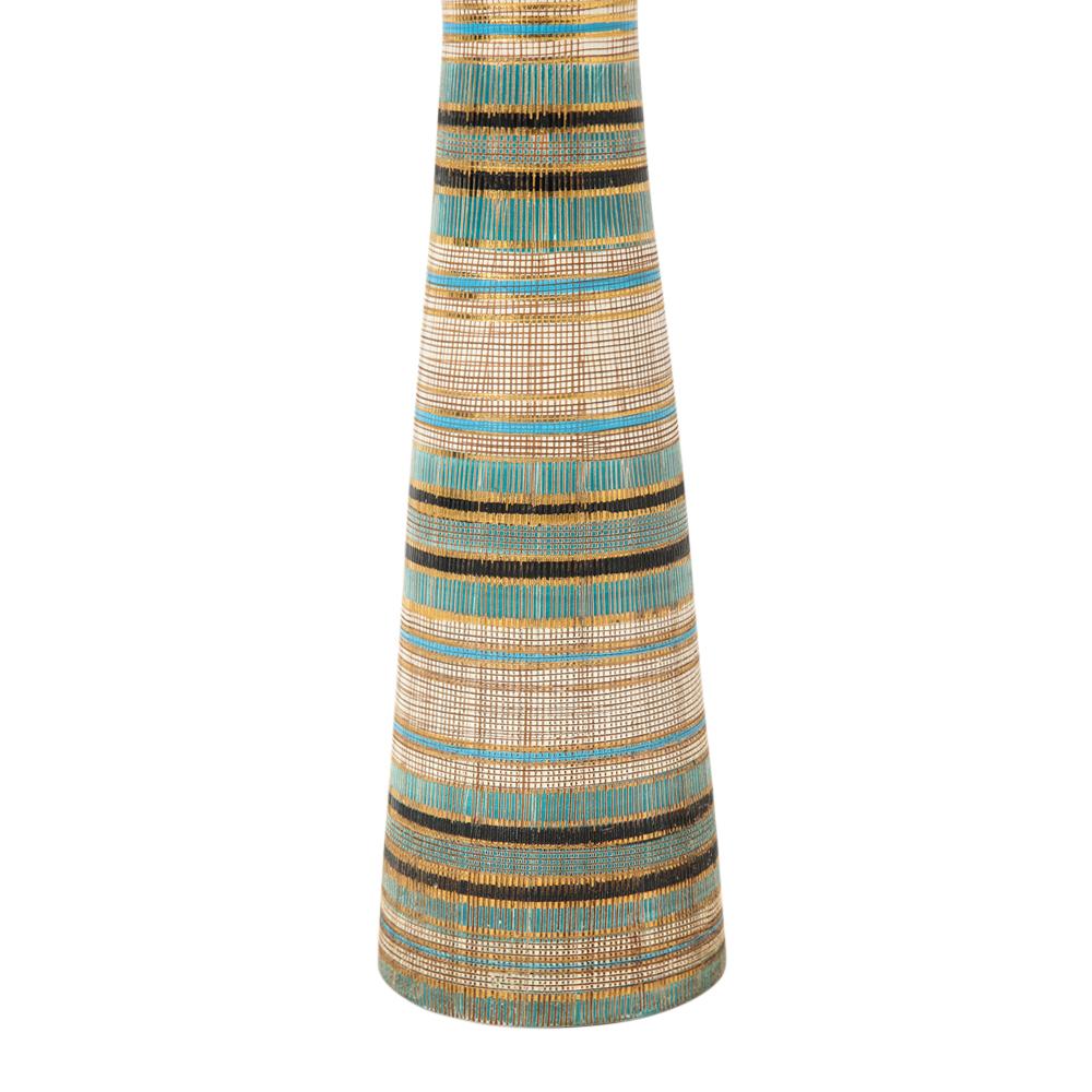 Bitossi Seta vase, ceramic, stripes, gold, blue and black, signed. Tall tapered bottle shaped vase from Aldo Londi's Seta (Silk) decor series. The glazed decoration features a dense pattern of overlapping gold, blue and black stripes. Signed on