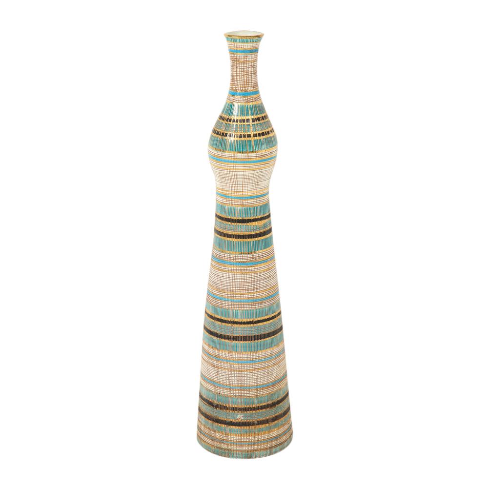 Mid-Century Modern Bitossi Seta Vase, Ceramic, Stripes, Gold, Blue, Black, Signed For Sale