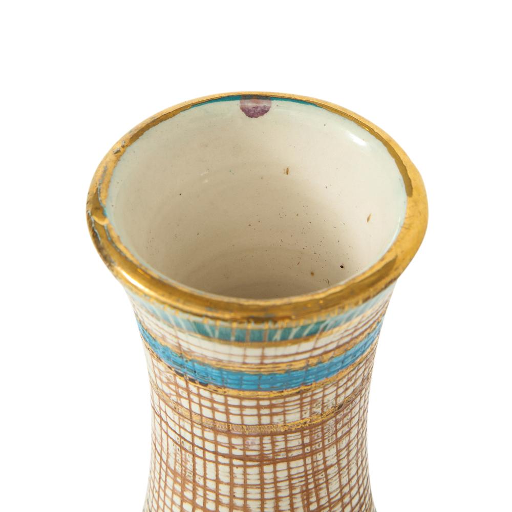 Glazed Bitossi Seta Vase, Ceramic, Stripes, Gold, Blue, Black, Signed For Sale
