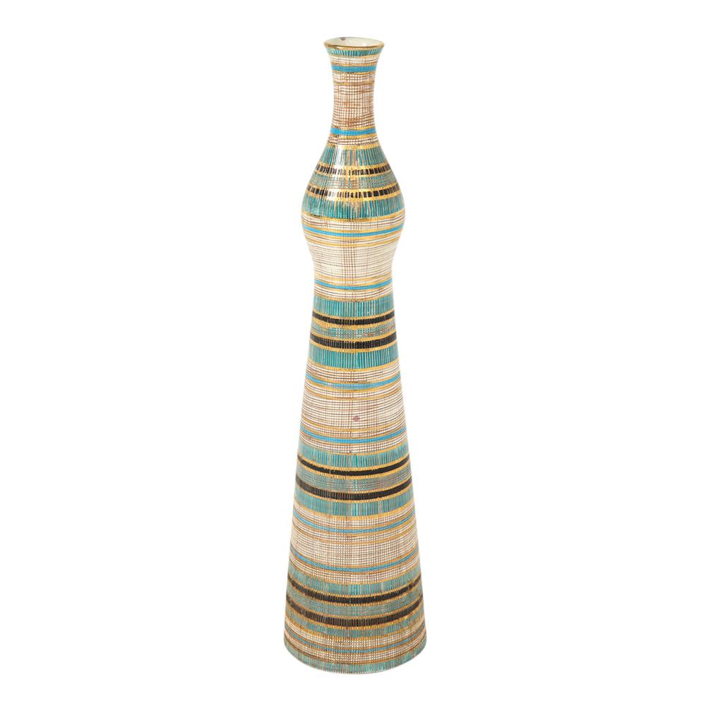 Mid-20th Century Bitossi Seta Vase, Ceramic, Stripes, Gold, Blue, Black, Signed For Sale