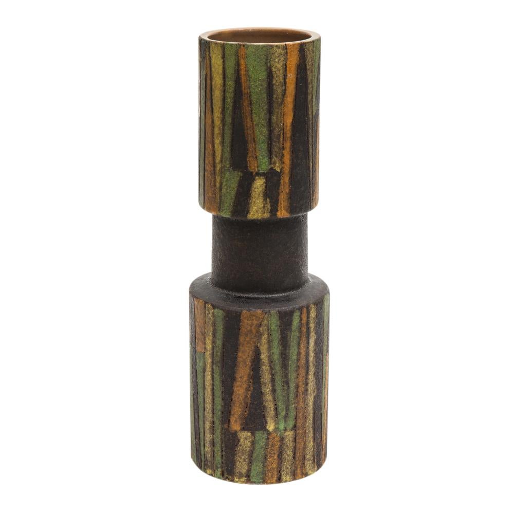 Bitossi Milano Moderna Vase, Ceramic, Earth Tones, Incised, Geometric, Signed. Tall vase with dumbbell form with an incised geometric pattern and glazed in green, orange, yellow, and chocolate brown. Signed on underside: Italy 1332. Minute