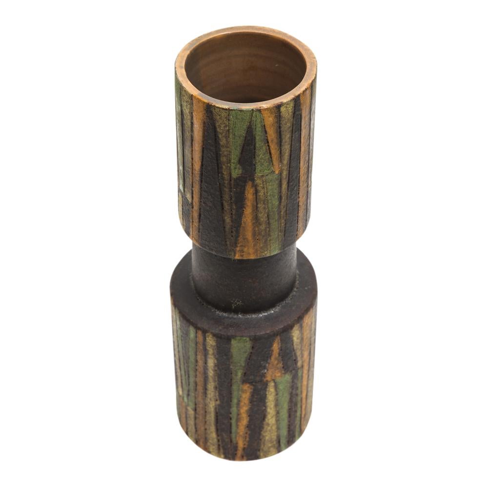 Bitossi Milano Moderna Vase, Ceramic, Green, Brown, Incised, Geometric, Signed In Good Condition For Sale In New York, NY