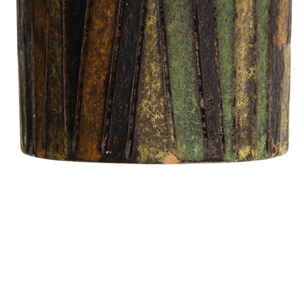 Mid-20th Century Bitossi Milano Moderna Vase, Ceramic, Green, Brown, Incised, Geometric, Signed For Sale