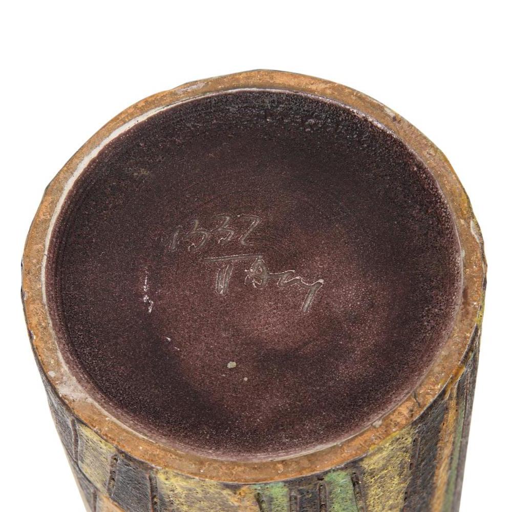 Bitossi Milano Moderna Vase, Ceramic, Green, Brown, Incised, Geometric, Signed For Sale 1