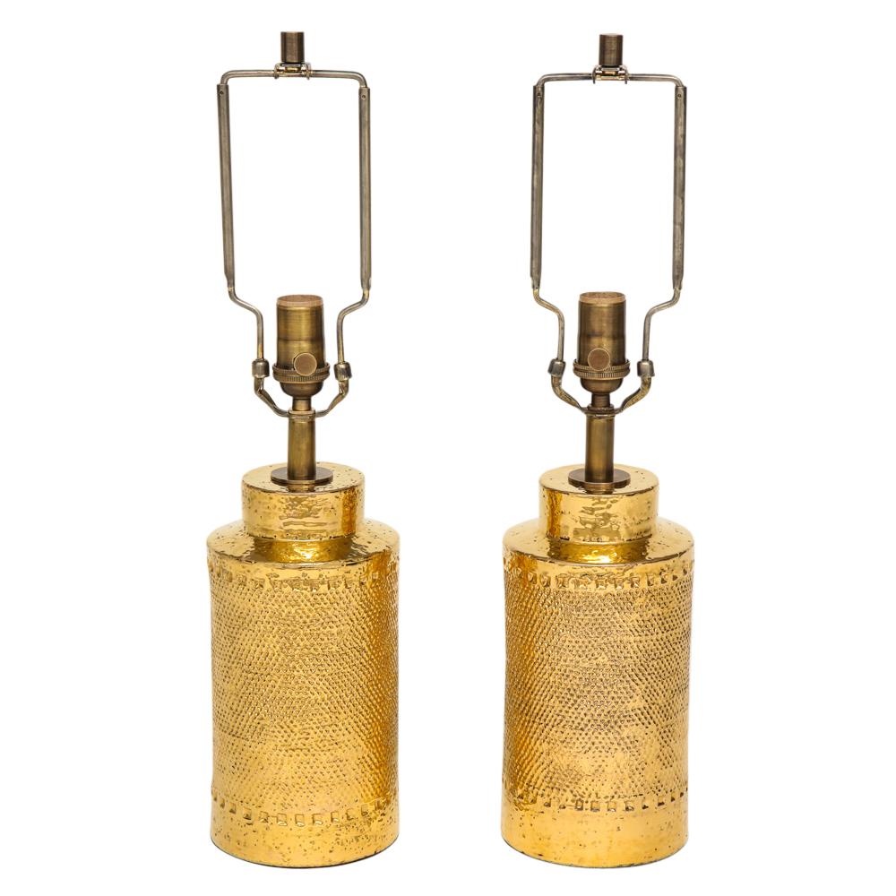 Mid-Century Modern Bitossi Lamps, Ceramic, 24K Metallic Gold, Textured, Signed For Sale