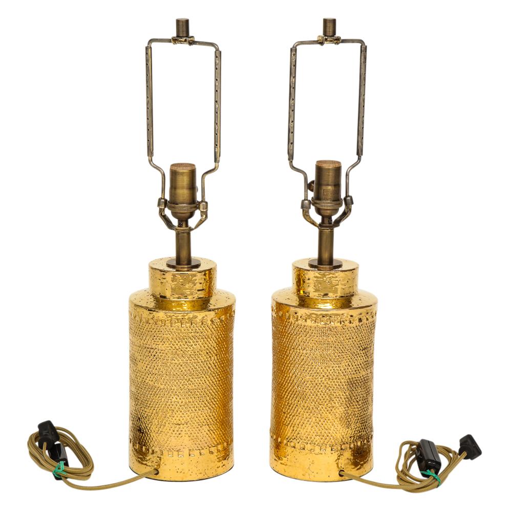 Glazed Bitossi Lamps, Ceramic, 24K Metallic Gold, Textured, Signed For Sale