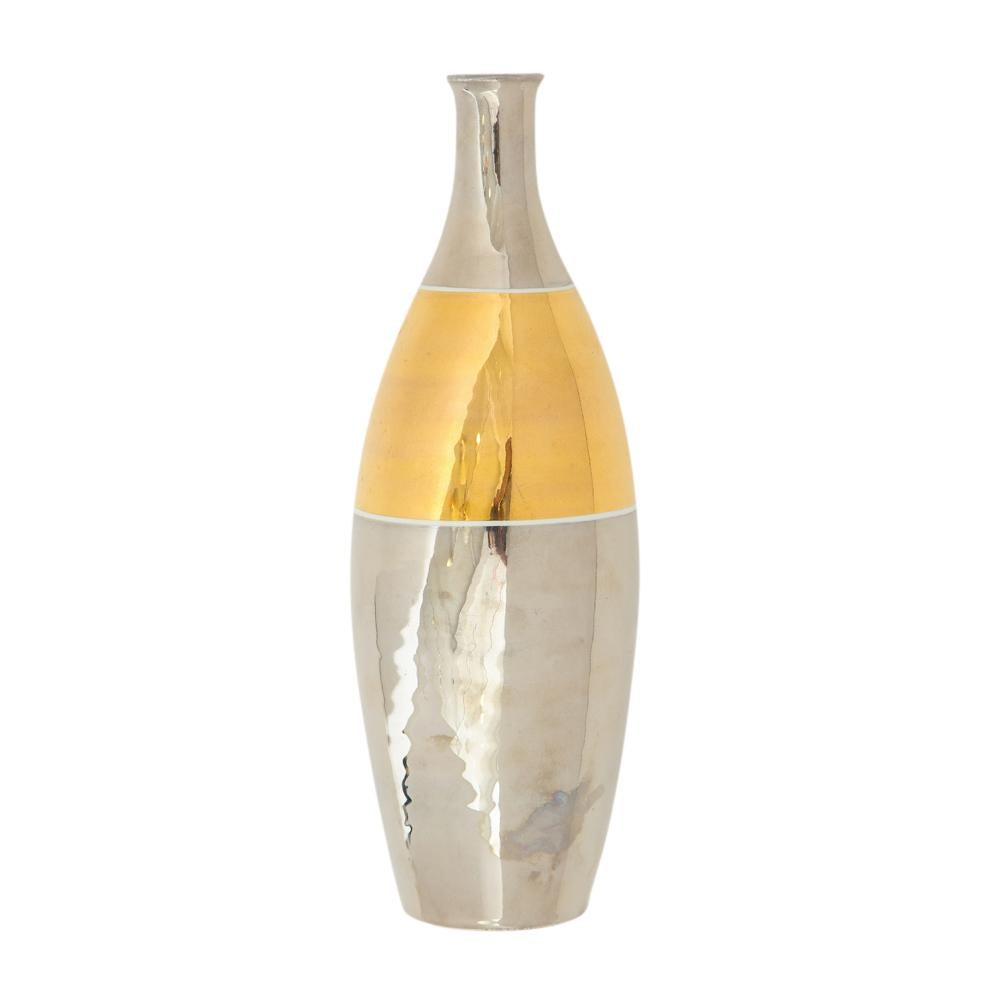 Alvino Bagni Vase, Ceramic, Metallic Platinum, Gold, Signed. Medium scale tapered vase glazed in metallic platinum and gold. Signed on underside: Italy. 