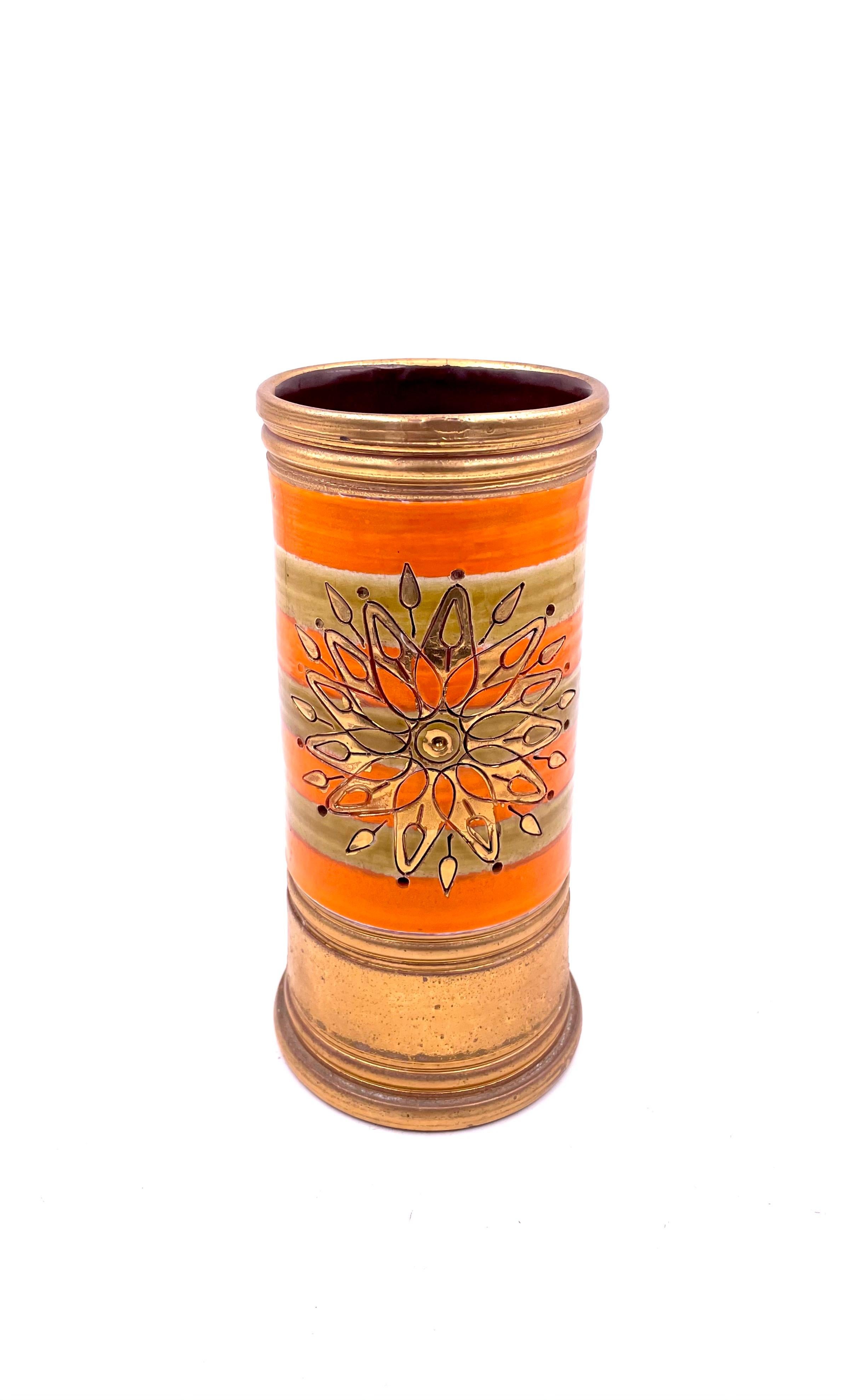 Beautiful 1960's hand-thrown Italian vase in ceramic, with hand-painted motifs in beautiful colors orange & gold.