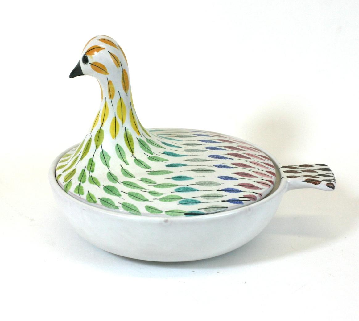 Bitossi covered bird dish in glazed ceramic by Aldo Londi. Multicolored leaf form piume 