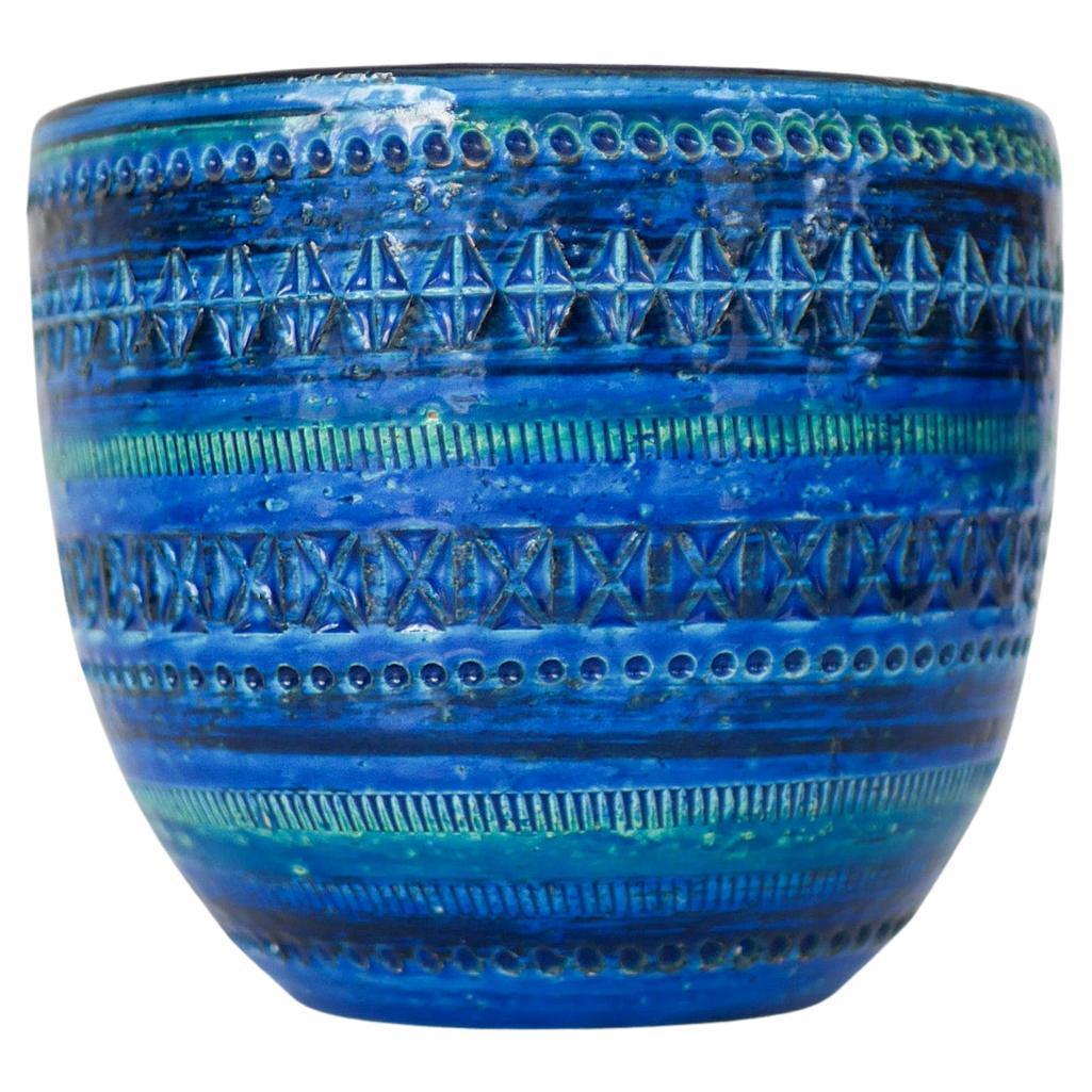Bitossi-Keramik, große Schale oder Blumentopf, Rimini-Blumen, Blau, von Aldo Londi, Italien