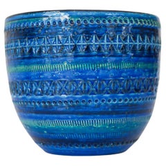 Bitossi-Keramik, große Schale oder Blumentopf, Rimini-Blumen, Blau, von Aldo Londi, Italien