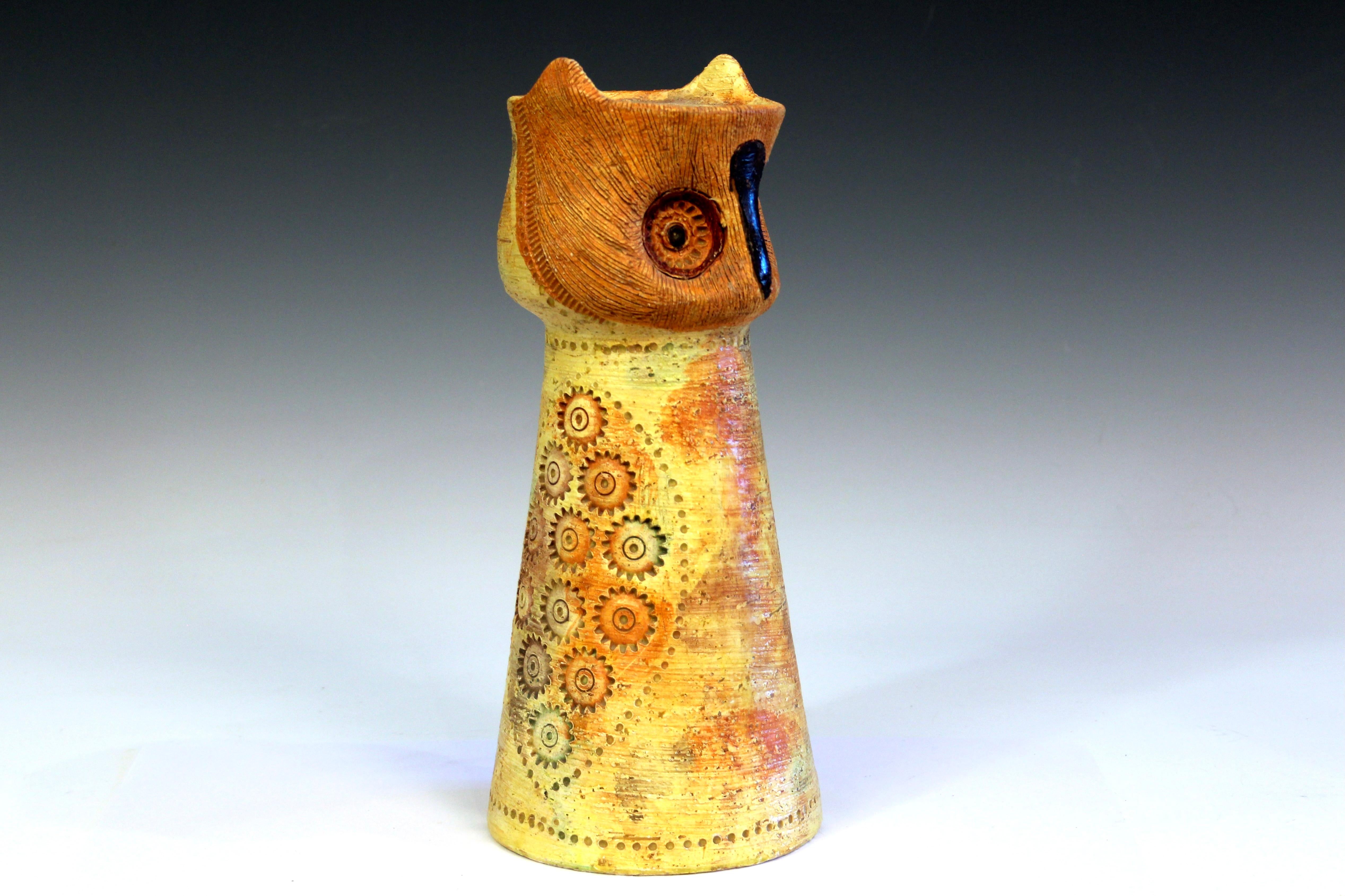 Vintage Bitossi owl figure with rimini wings and borders on a yellow and orange ground, circa 1960's. Measures: 12 1/4