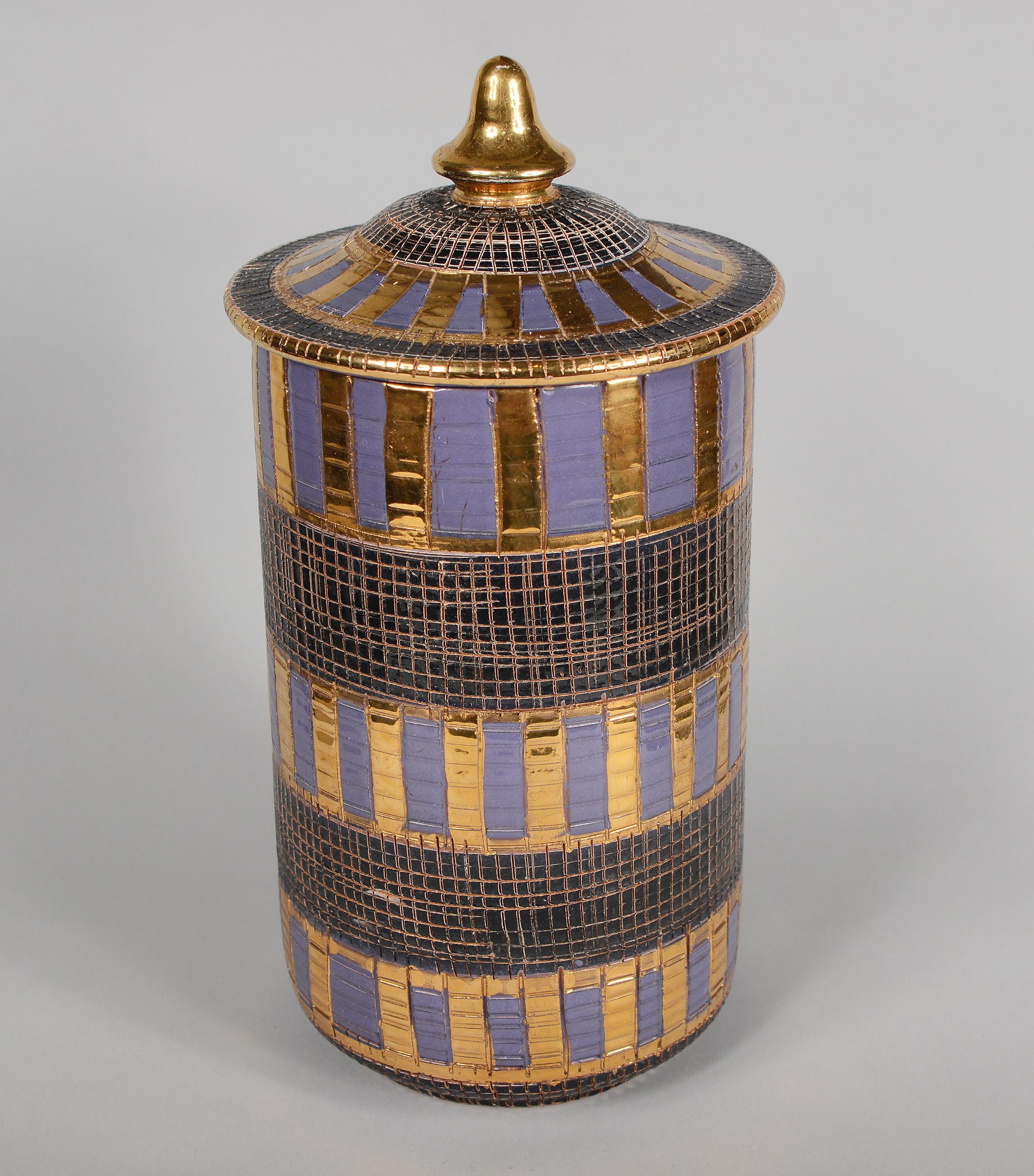 Mid-Century Modern Bitossi Pottery Sgrafitto Seta Covered Jar Gold Purple Black