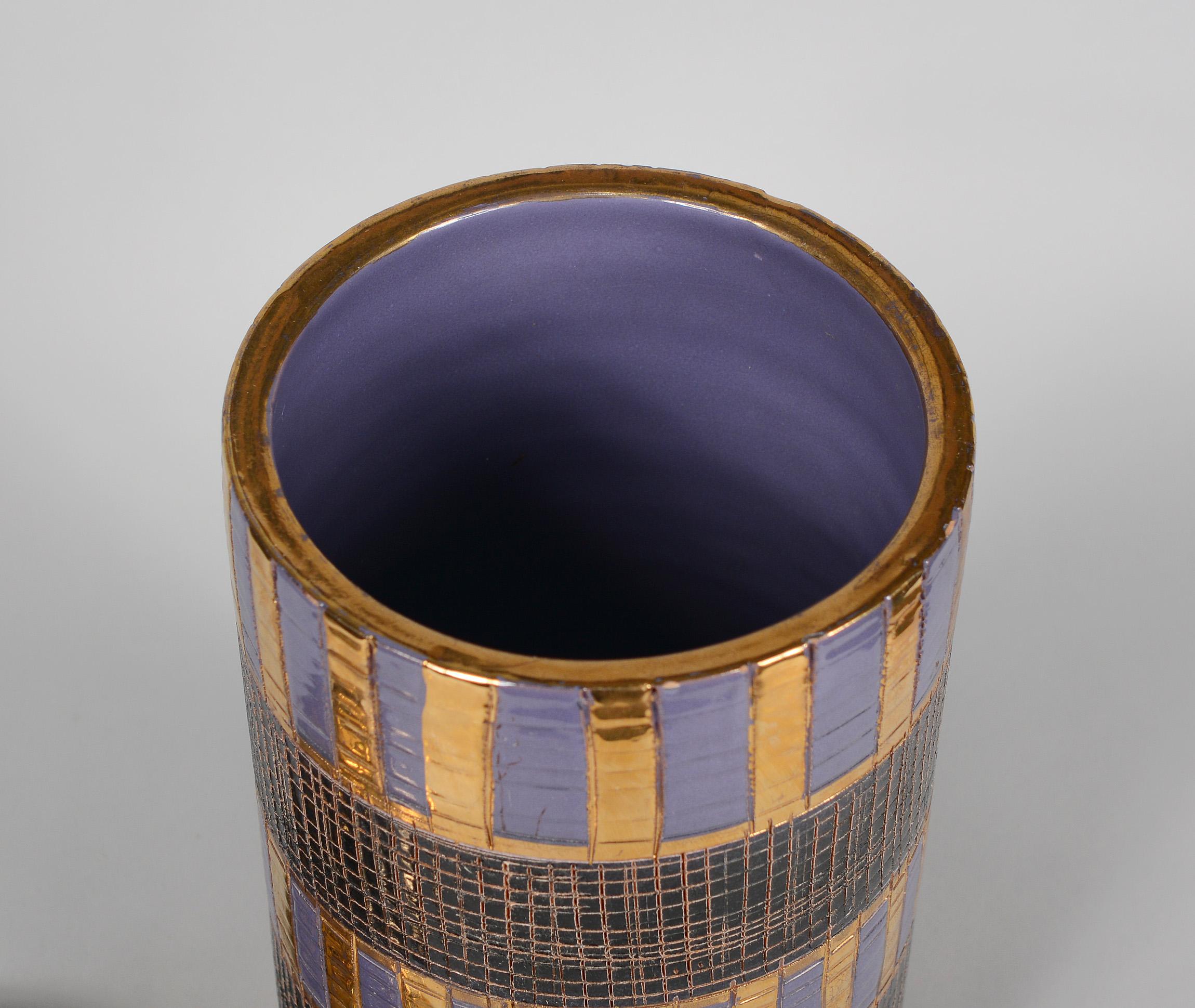 Italian Bitossi Pottery Sgrafitto Seta Covered Jar Gold Purple Black