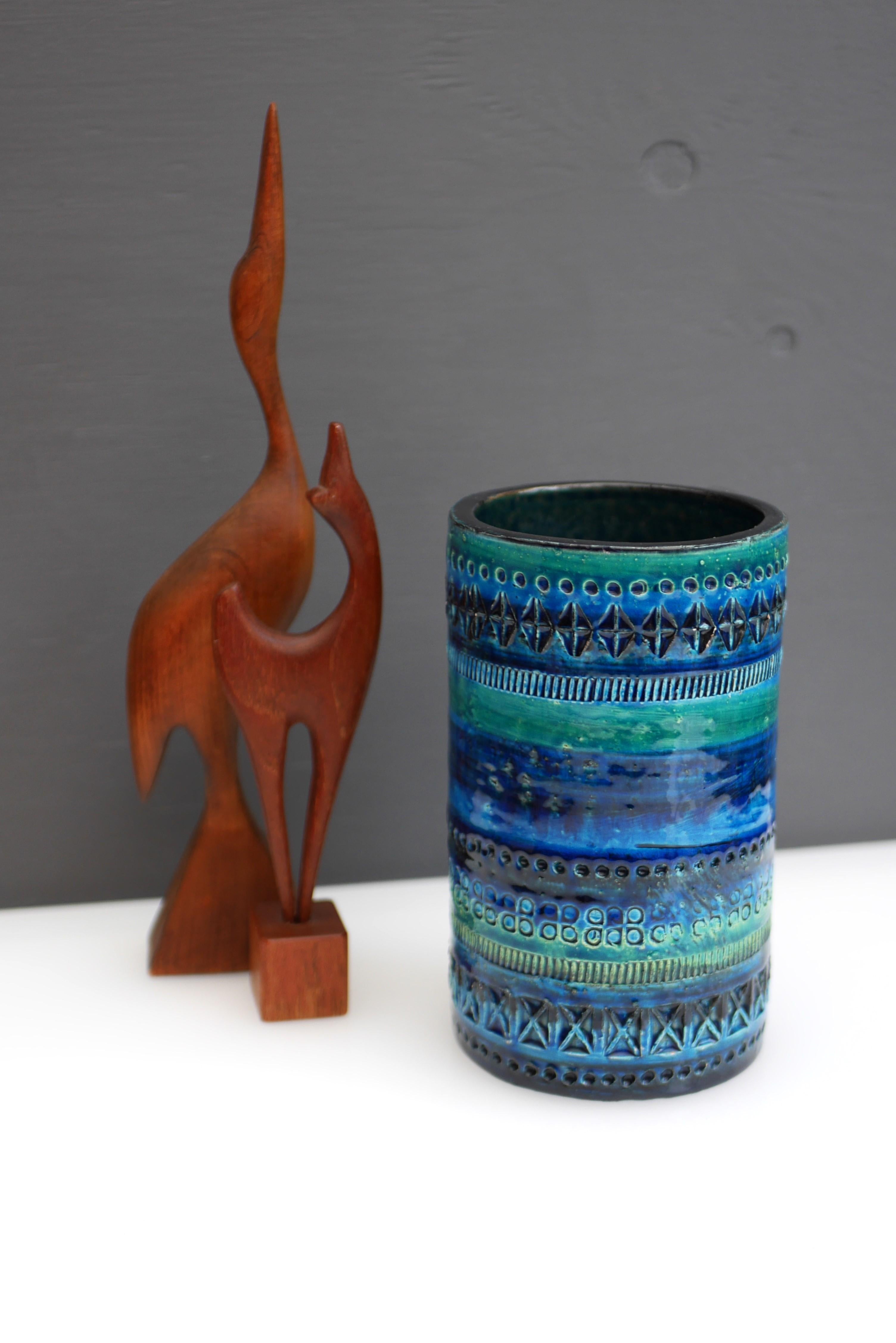 Wicker Bitossi pottery vase, Rimini Blue, By Aldo Londi, Italy For Sale