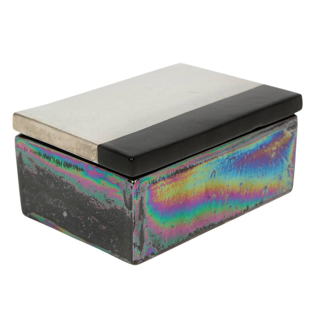 Bitossi for Raymor box, ceramic, metallic chrome silver and black, signed. Small scale lidded box with a top glazed in metallic chrome silver and black. The bottom box is glazed in a washed iridescent. Signed on the underside with multiple labels.
