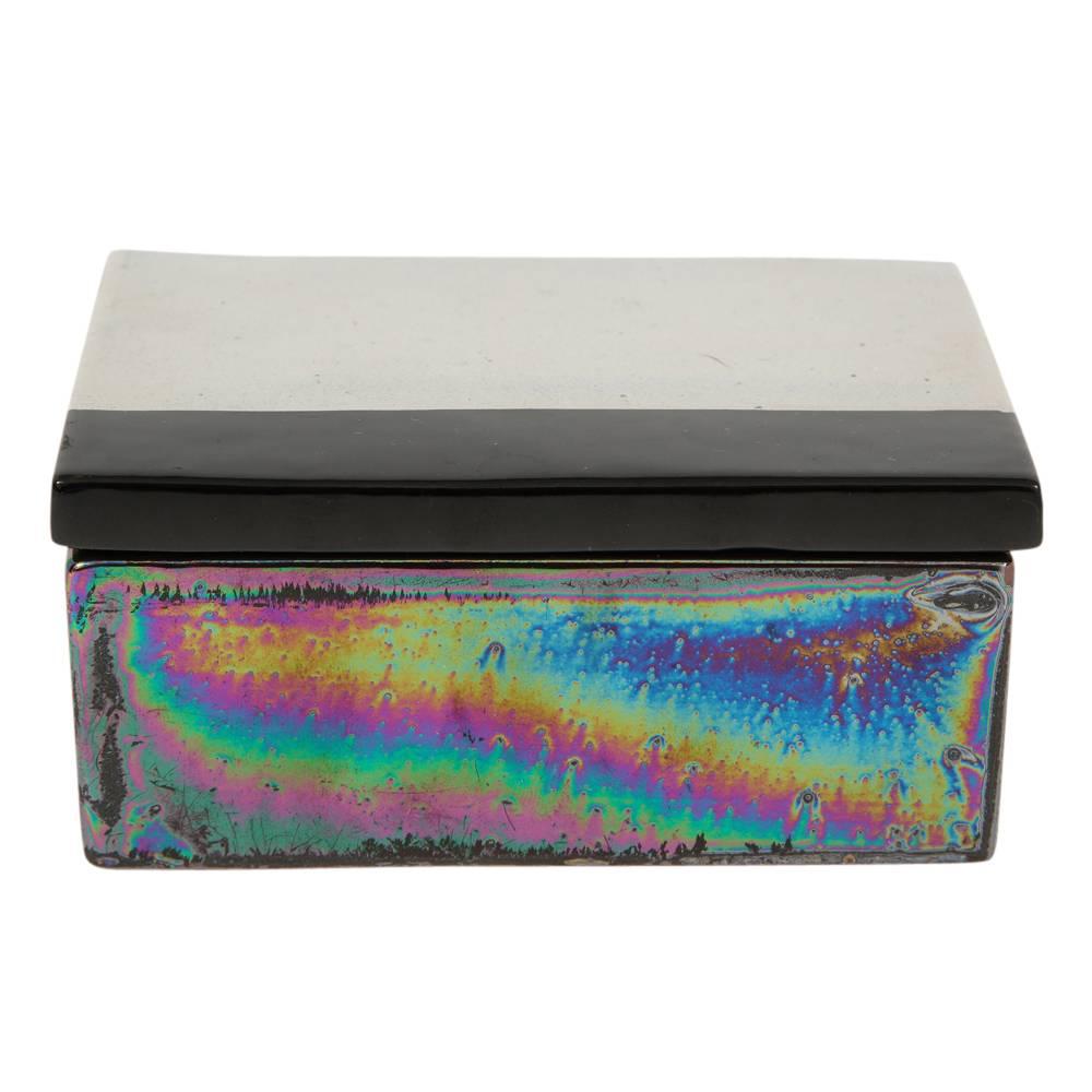 Mid-Century Modern Bitossi Raymor Box, Ceramic, Metallic Chrome Silver, Black, Iridescent, Signed For Sale