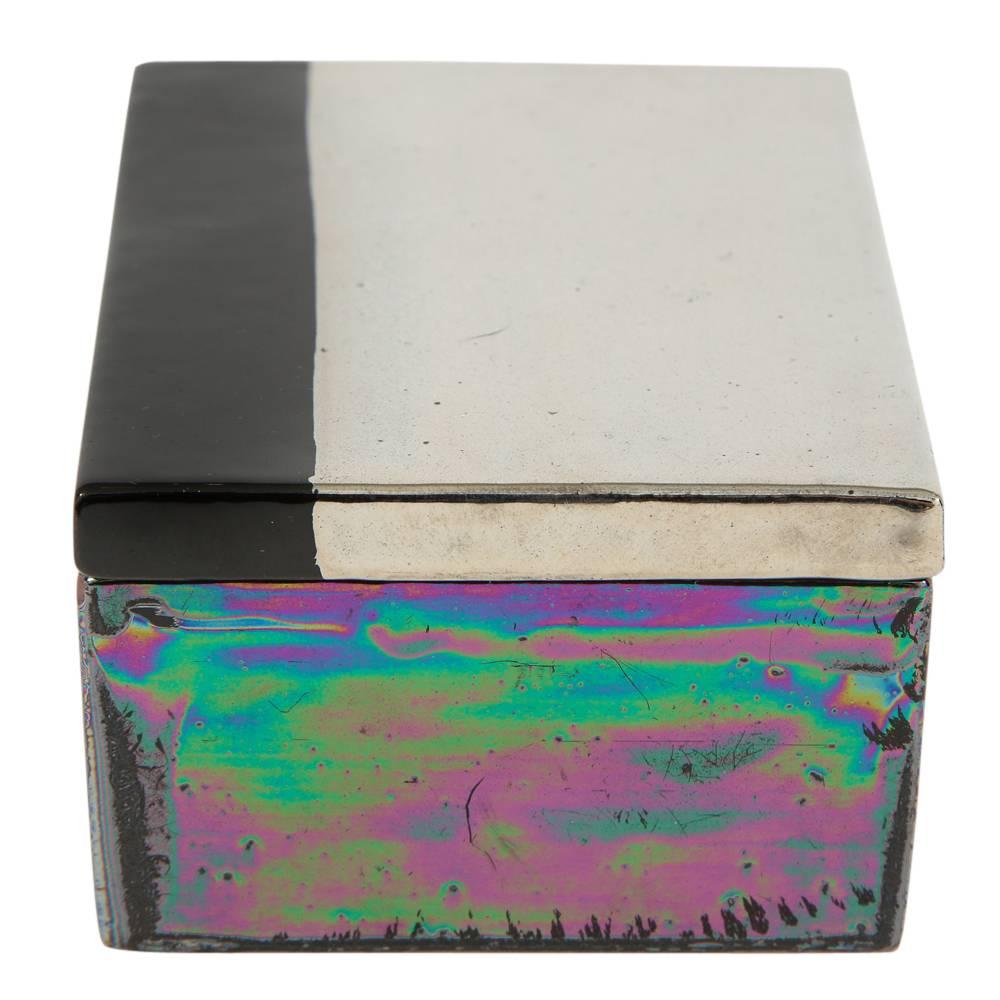 Italian Bitossi Raymor Box, Ceramic, Metallic Chrome Silver, Black, Iridescent, Signed For Sale