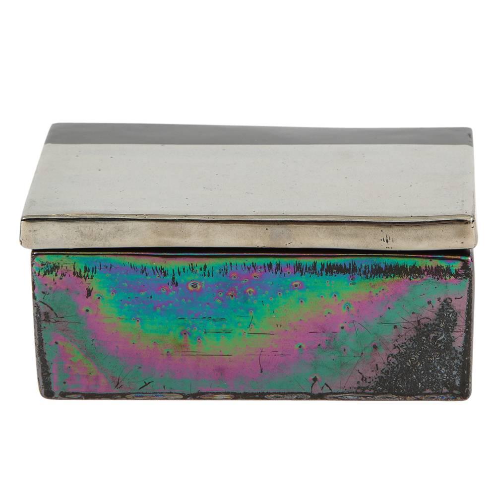 Glazed Bitossi Raymor Box, Ceramic, Metallic Chrome Silver, Black, Iridescent, Signed For Sale