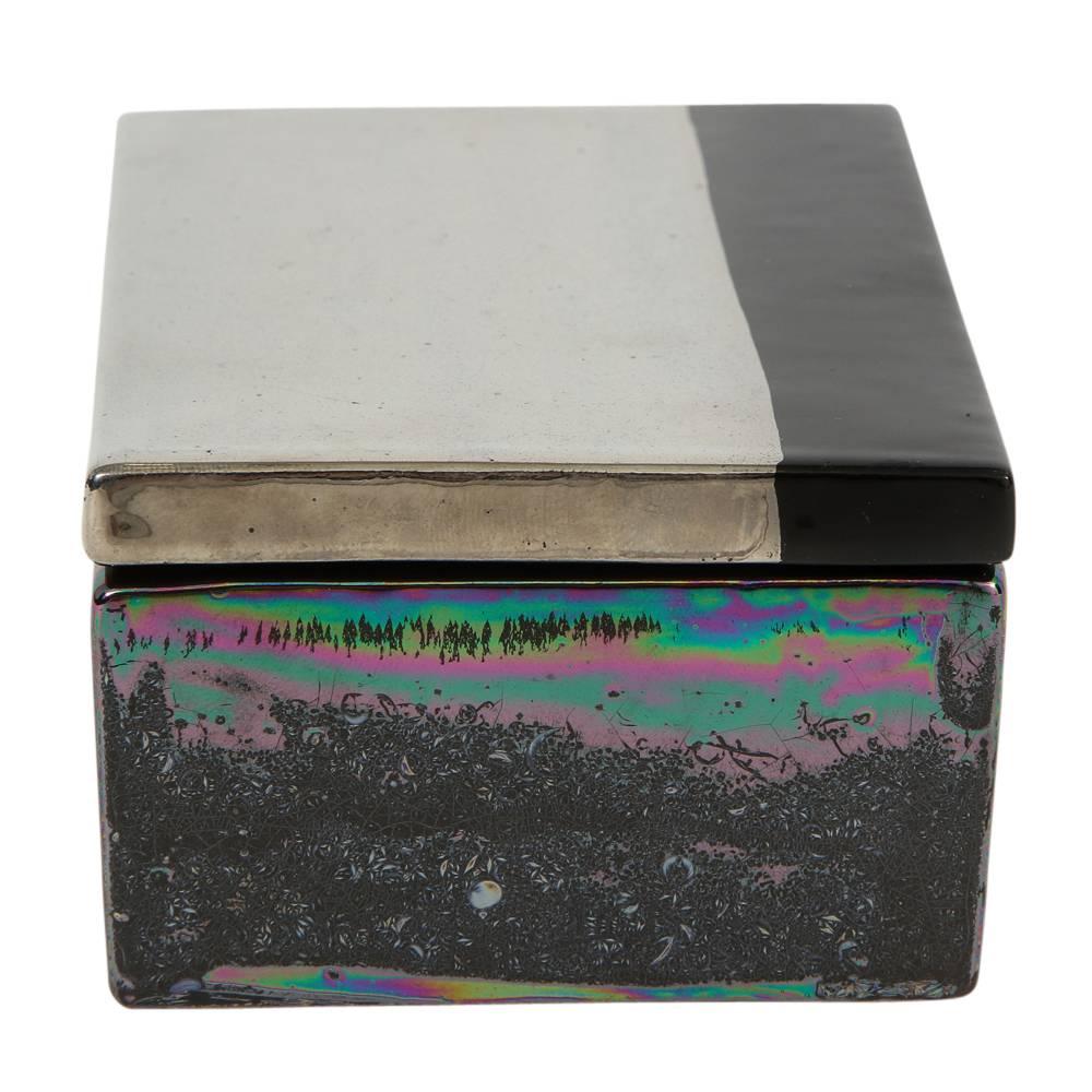 Mid-20th Century Bitossi Raymor Box, Ceramic, Metallic Chrome Silver, Black, Iridescent, Signed For Sale