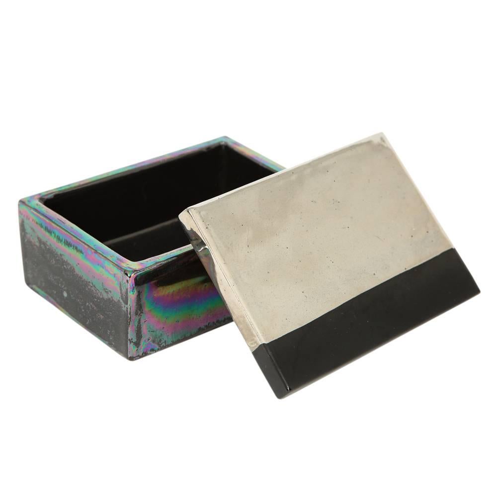 Bitossi Raymor Box, Ceramic, Metallic Chrome Silver, Black, Iridescent, Signed For Sale 1