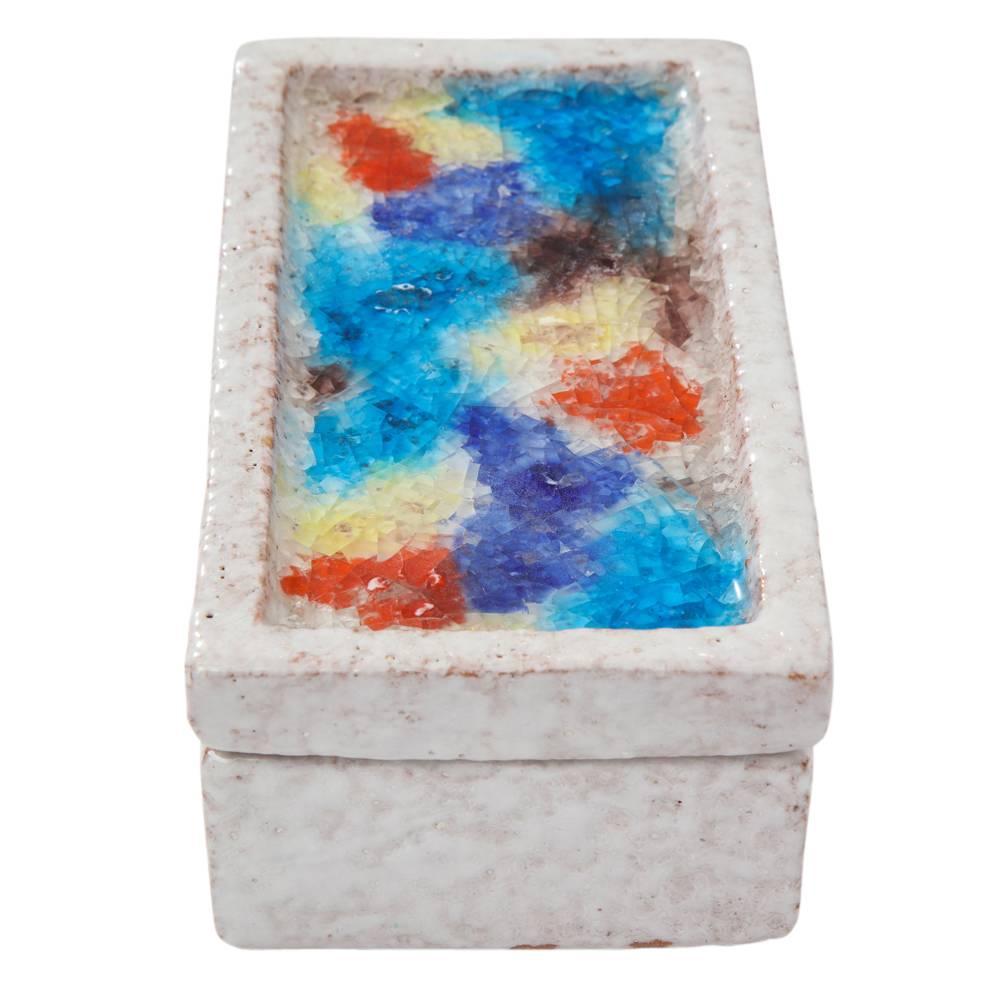 Vernissé Boîte Bitossi pour Raymor, céramique et verre fondu, blanc, orange et bleu, signée en vente