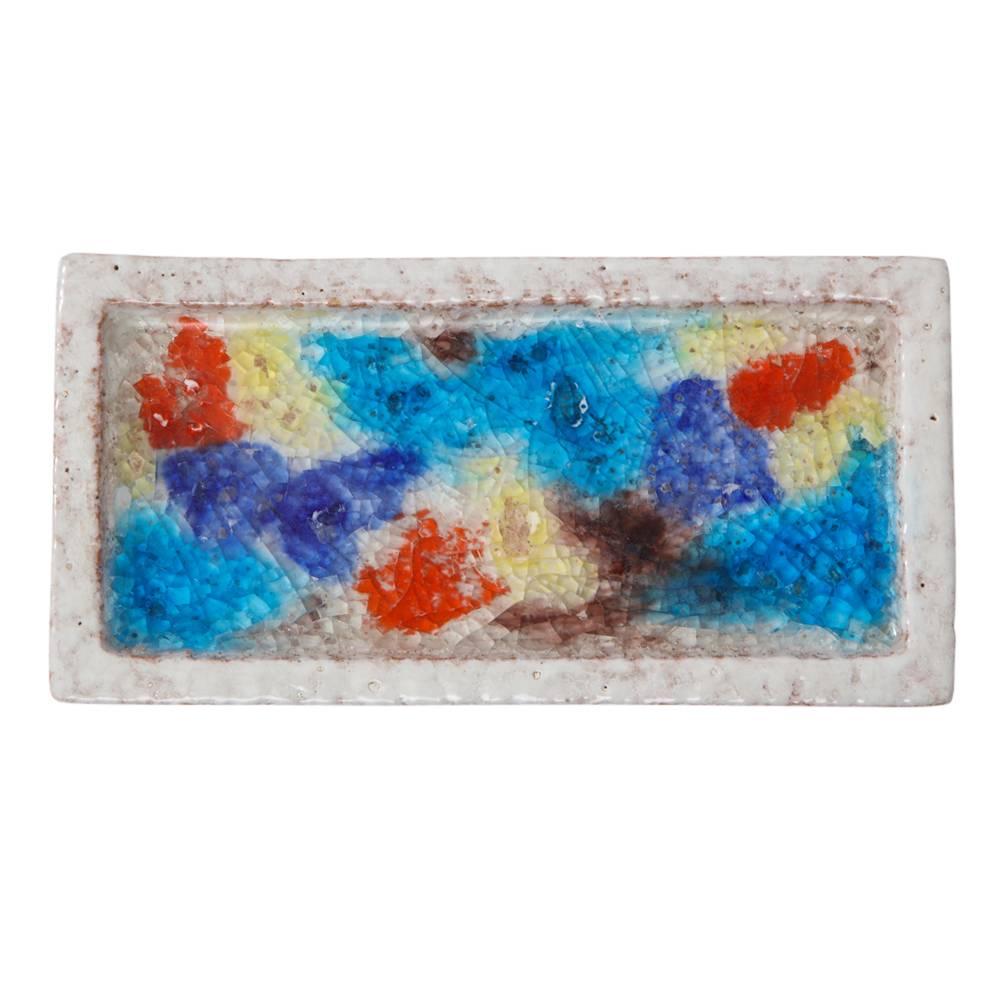 Bitossi for Raymor Box, ceramic and fused glass, white, orange and blue, signed. Small scale white glazed box with a lid decorated in an abstract pattern of fused glass, containing yellow, blue, orange and dark purple crystals. Signed 3 times on