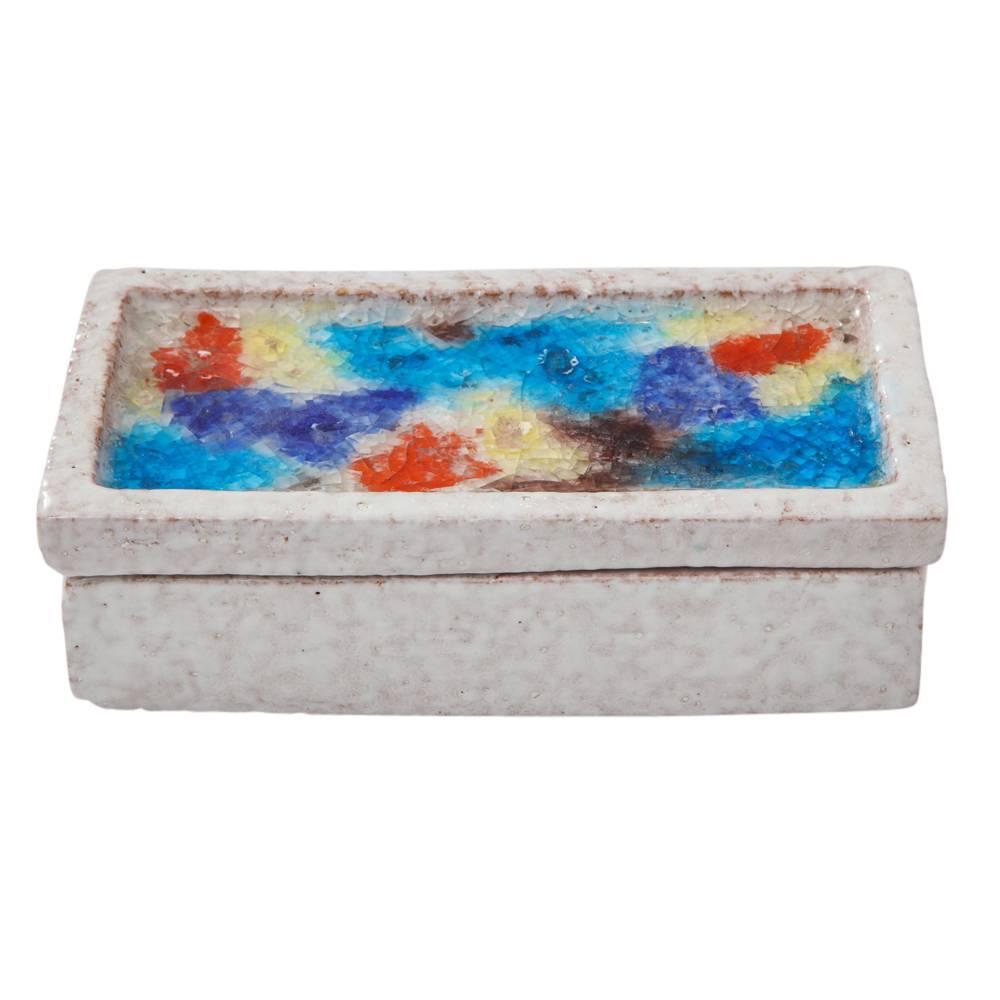 Mid-Century Modern Bitossi for Raymor Box, Ceramic, Fused Glass, White, Orange, Blue, Signed For Sale