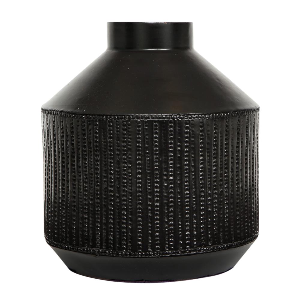 Raymor Bitossi Vase, Ceramic Matte Black, Beaded Signed. Handsome chunky vase in a matte black glaze with beaded decoration. Signed on the underside: 3029 Italy. Additionally, the underside retains a remnant of a Raymor label.  A speck of glaze loss