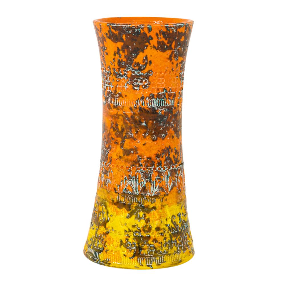 Glazed Bitossi Raymor Ceramic Vase Orange Yellow Camouflage Signed Italy, 1960s