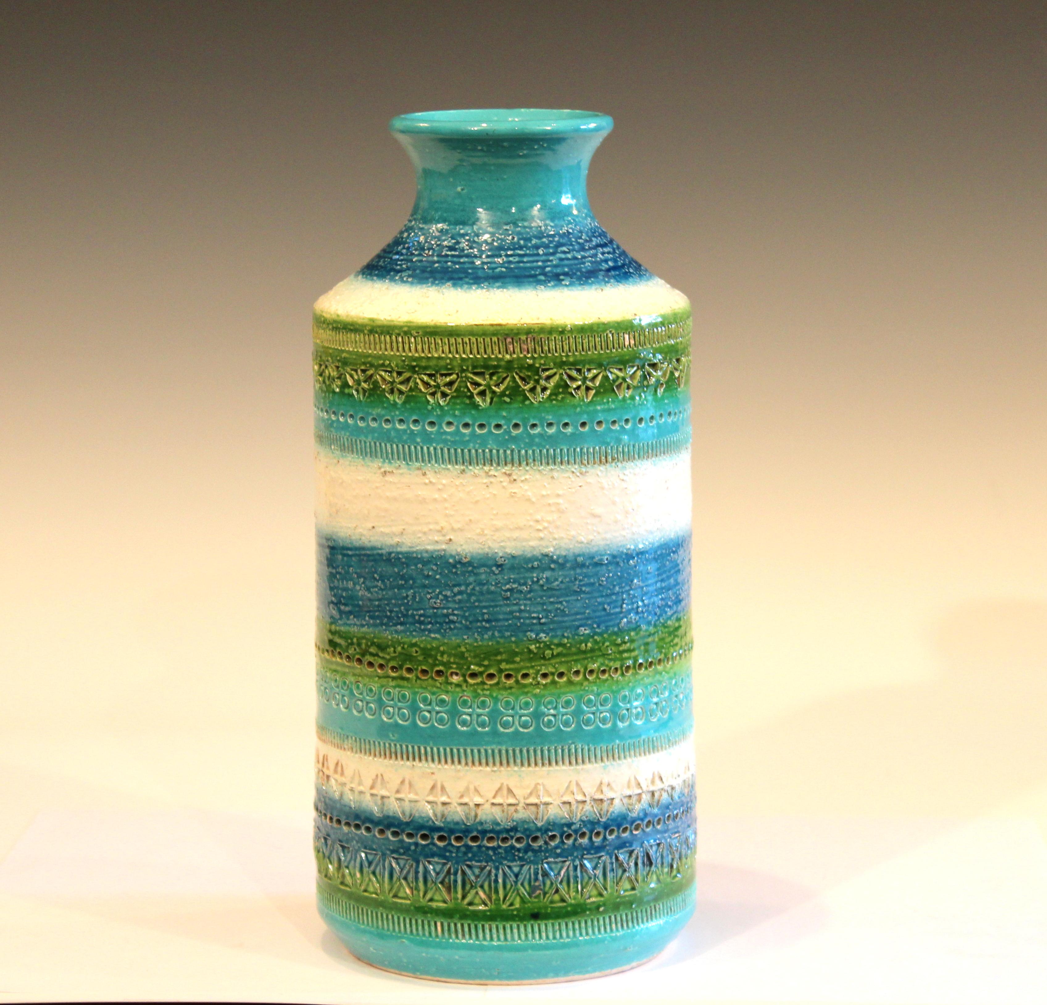 Vintage Bitossi vase decorated with blue and green colored rimini bands, circa 1960s. 12