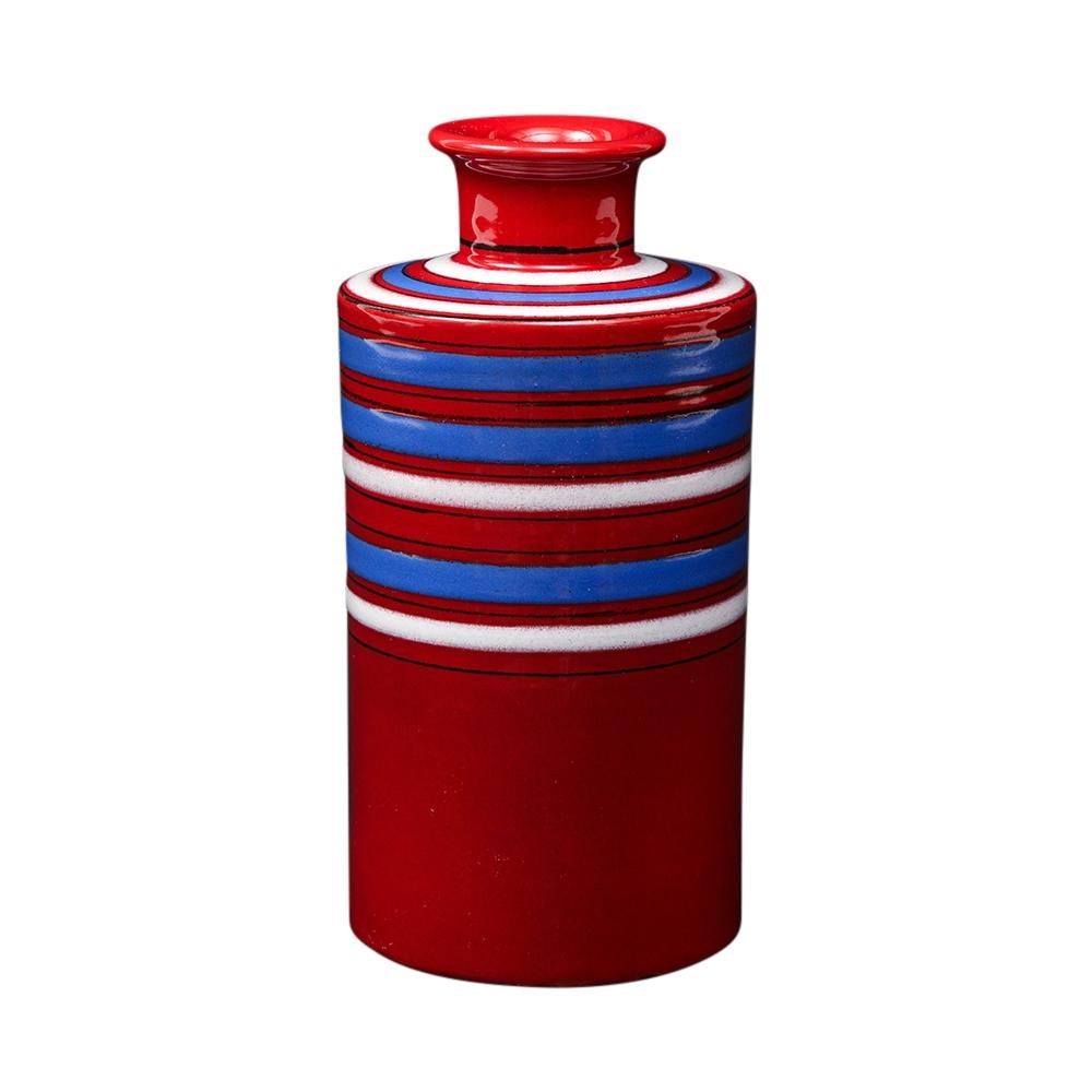 Mid-Century Modern Vase Bitossi Raymor, céramique, rouge, bleu, blanc, rayures, signé en vente