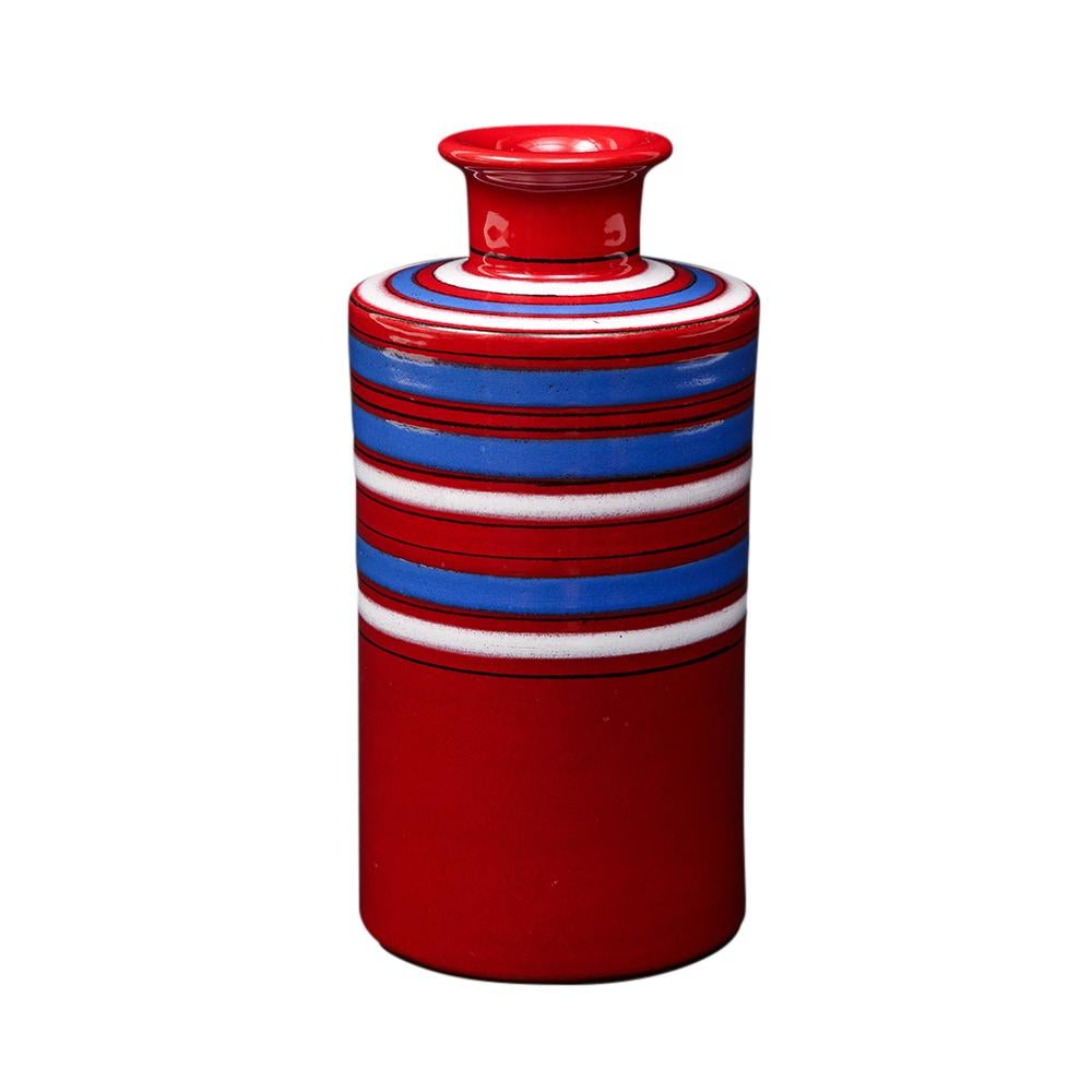 Glazed Bitossi Raymor Vase, Ceramic, Red, Blue, White, Stripes, Signed For Sale