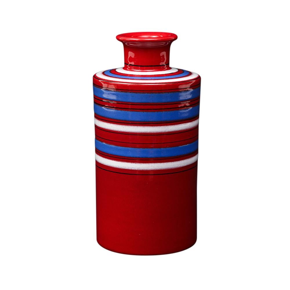 Late 20th Century Bitossi Raymor Vase, Ceramic, Red, Blue, White, Stripes, Signed For Sale