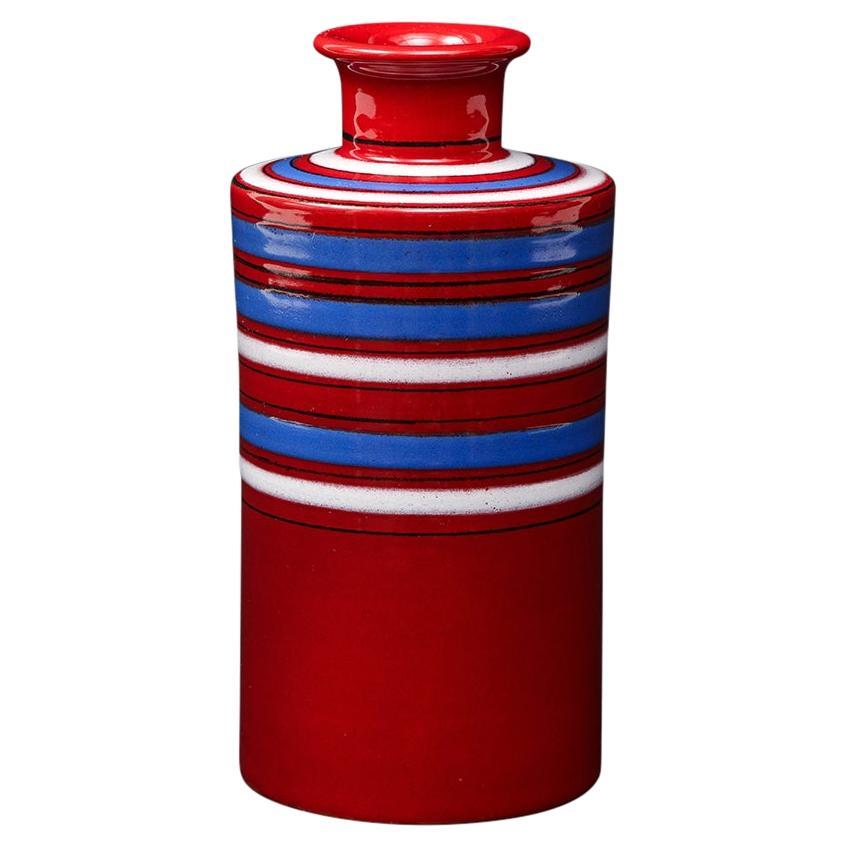 Vase Bitossi Raymor, céramique, rouge, bleu, blanc, rayures, signé en vente