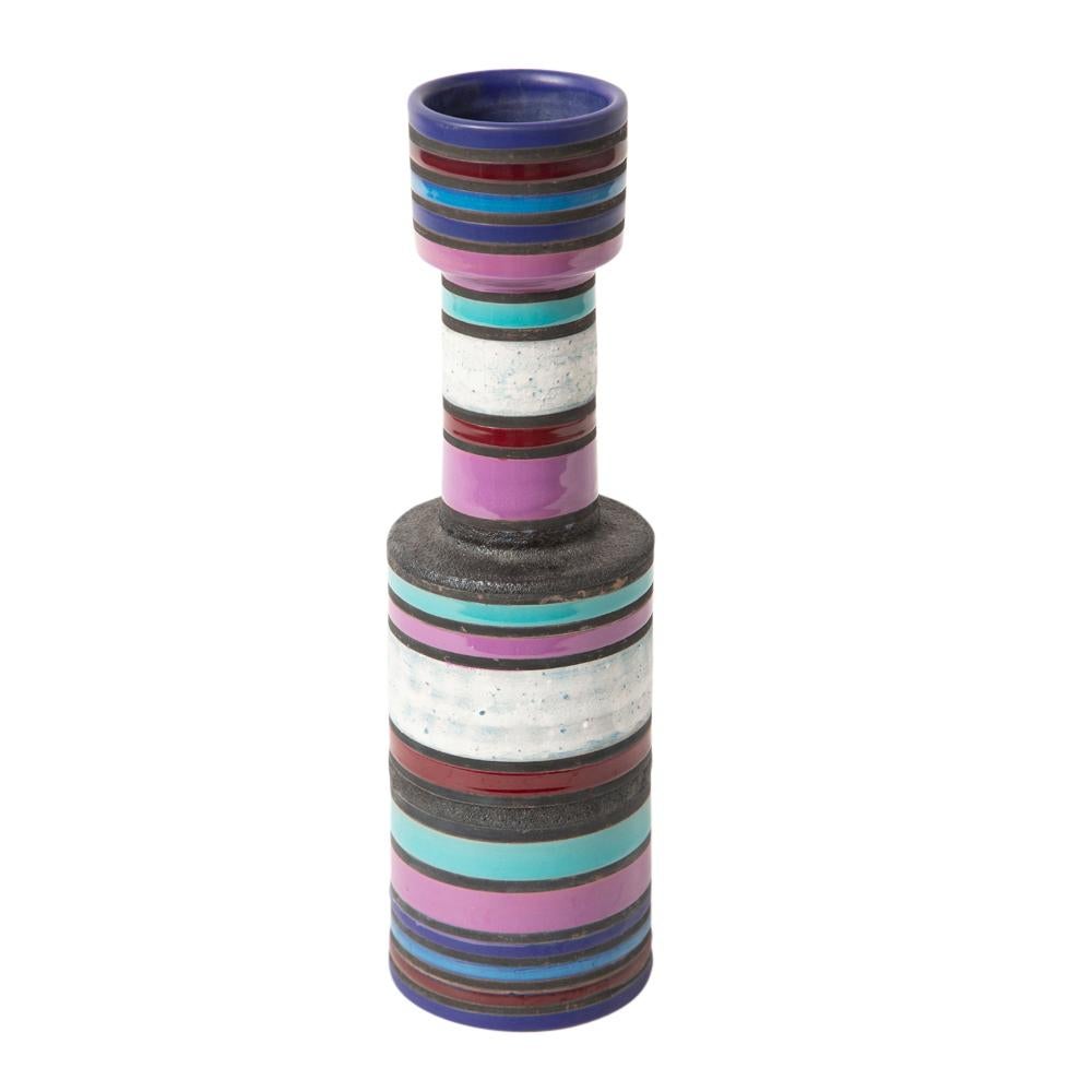 Bitossi Raymor vase, ceramic, stripes, violet purple, white, turquoise, signed. Aldo Londi's medium scale 