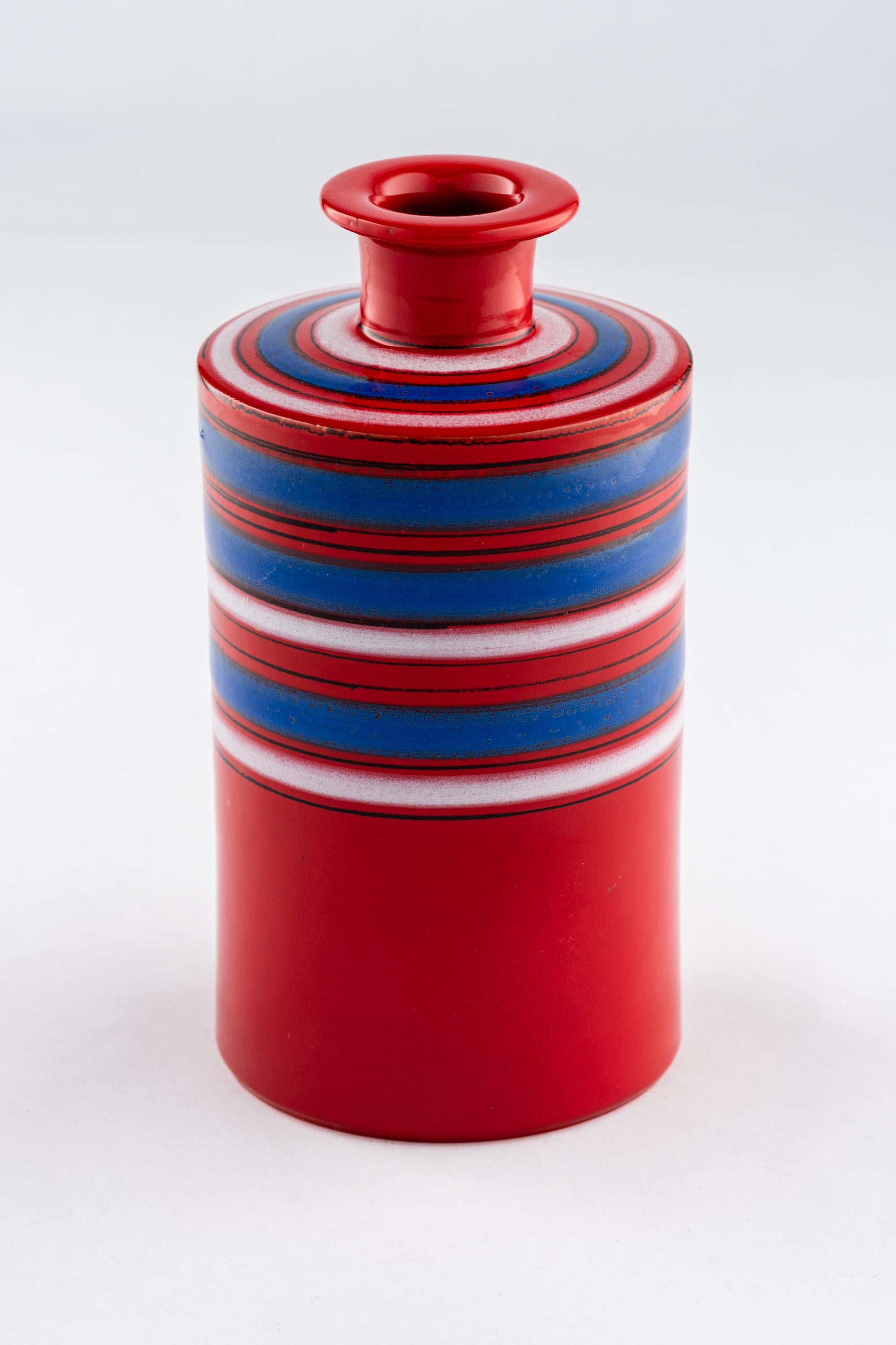 Mid-Century Modern Bitossi Raymor Vase, Ceramic, Stripes, Red, Blue, White, Signed For Sale