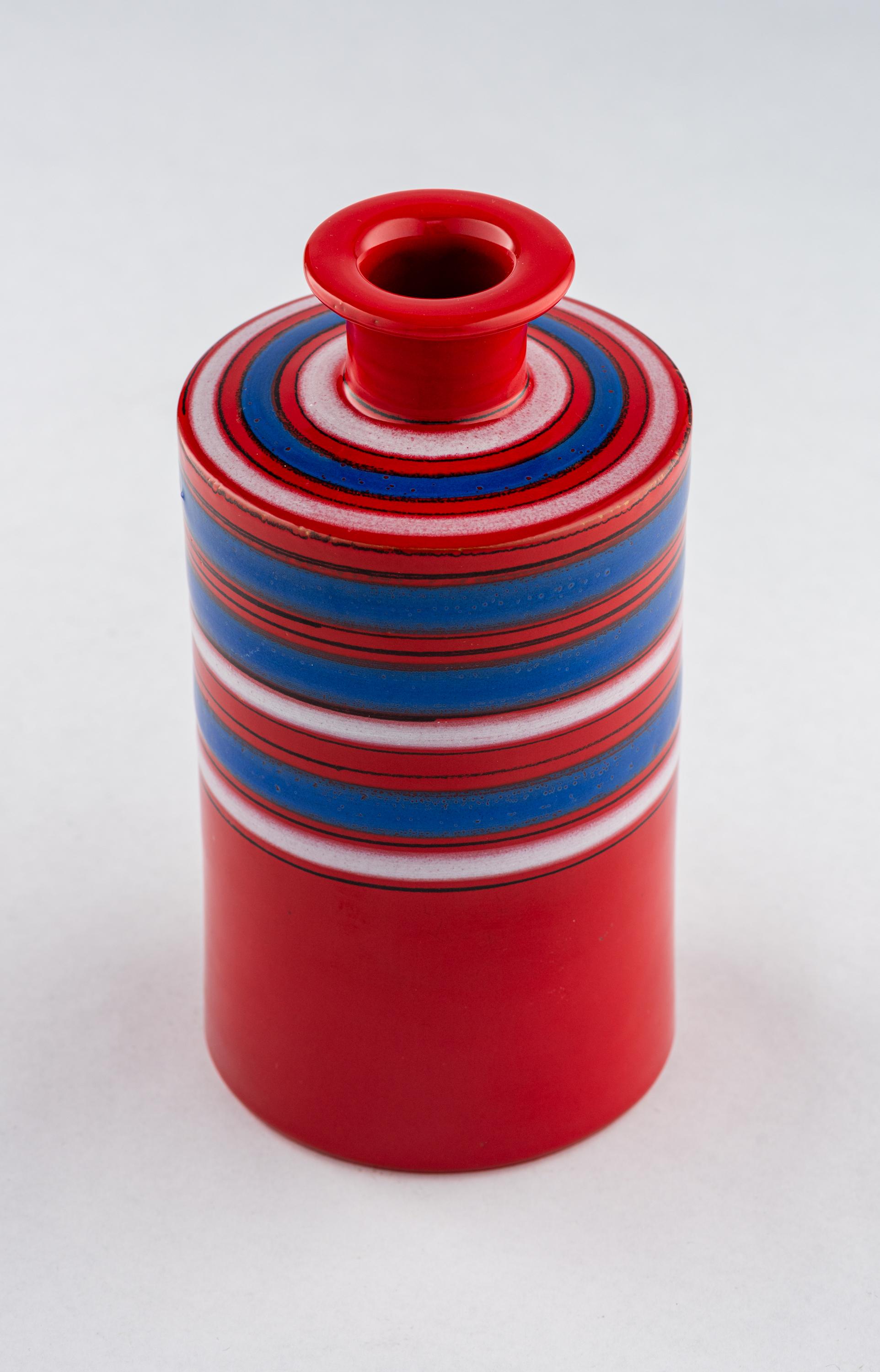 Italian Bitossi Raymor Vase, Ceramic, Stripes, Red, Blue, White, Signed For Sale