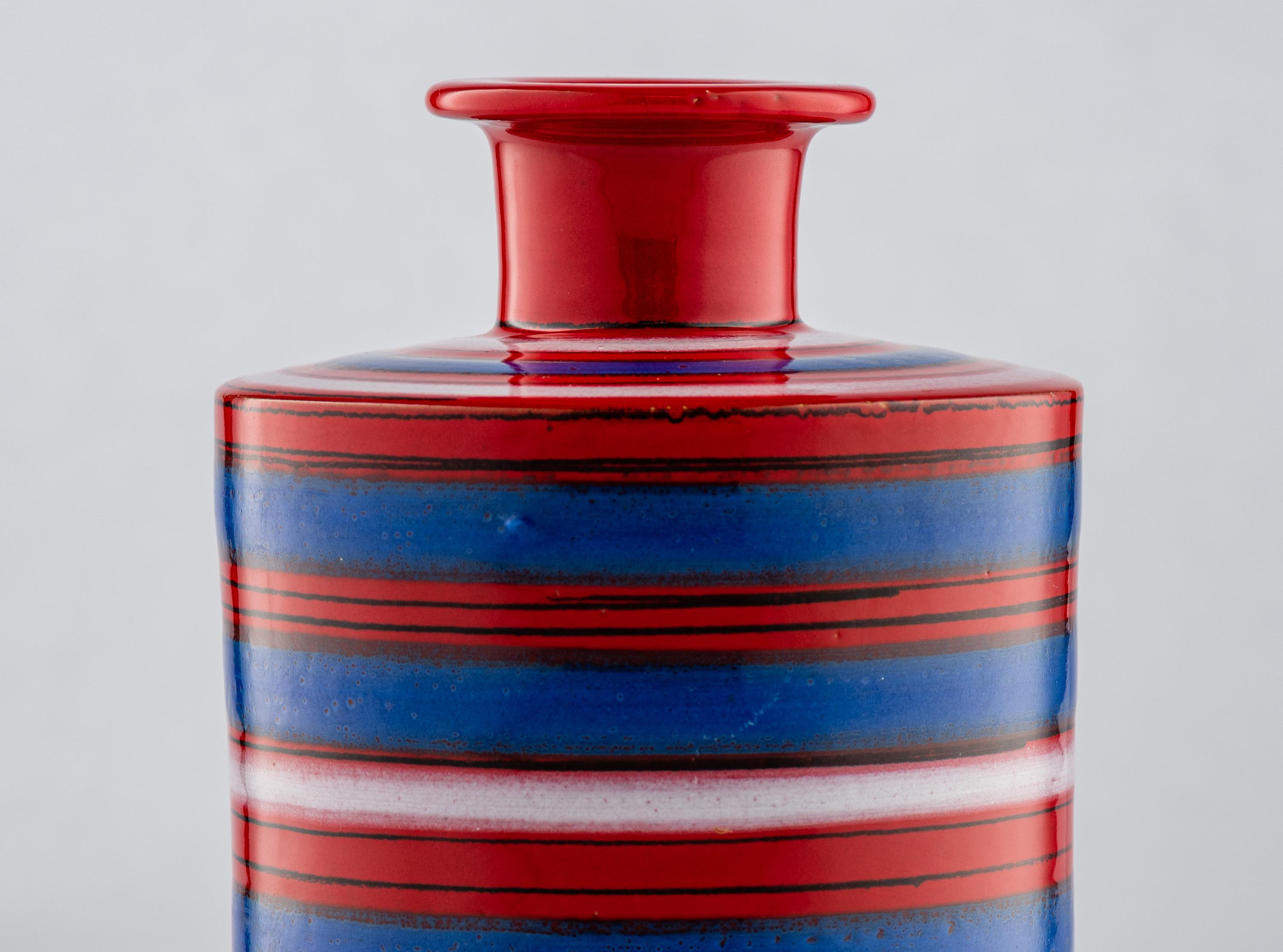 Glazed Bitossi Raymor Vase, Ceramic, Stripes, Red, Blue, White, Signed For Sale