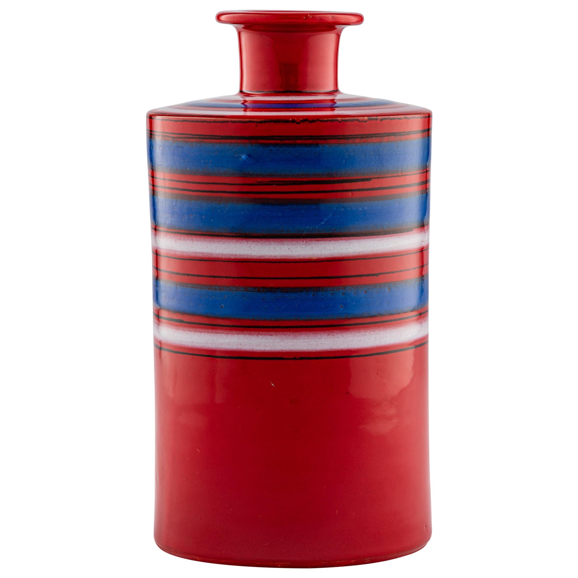 Bitossi Raymor Vase, Ceramic, Stripes, Red, Blue, White, Signed