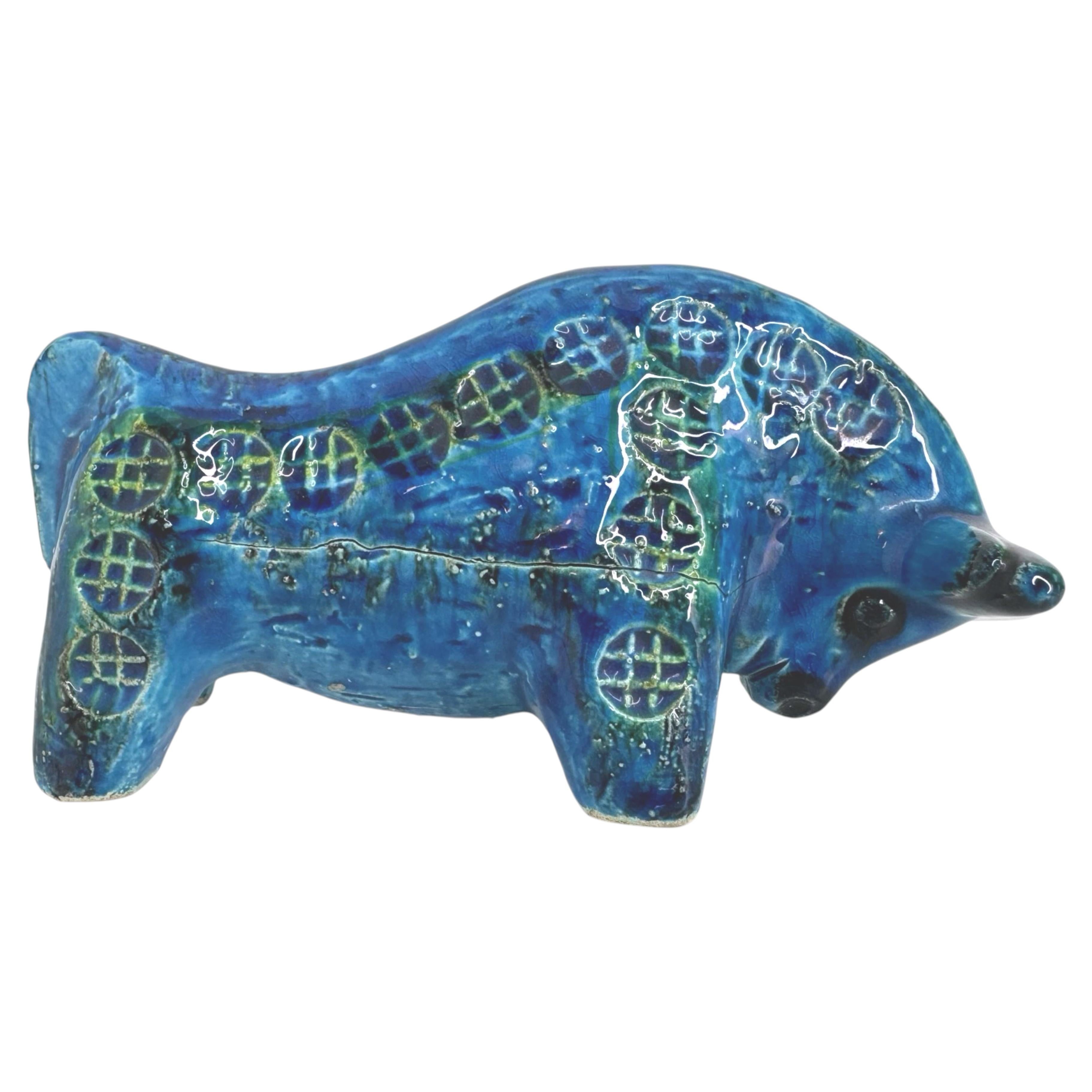 Bitossi Rimini Blue Ceramic Bull Sculpture by Aldo Londi, Italy, 1960s For Sale