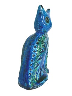 Bitossi Rimini Blue Ceramic Cat Sculpture by Aldo Londi, Italy, 1960s