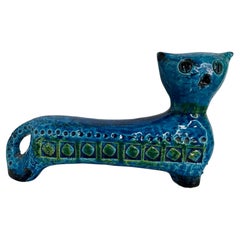 Bitossi Rimini Blue Ceramic Cat Sculpture by Aldo Londi, Italy, 1960s