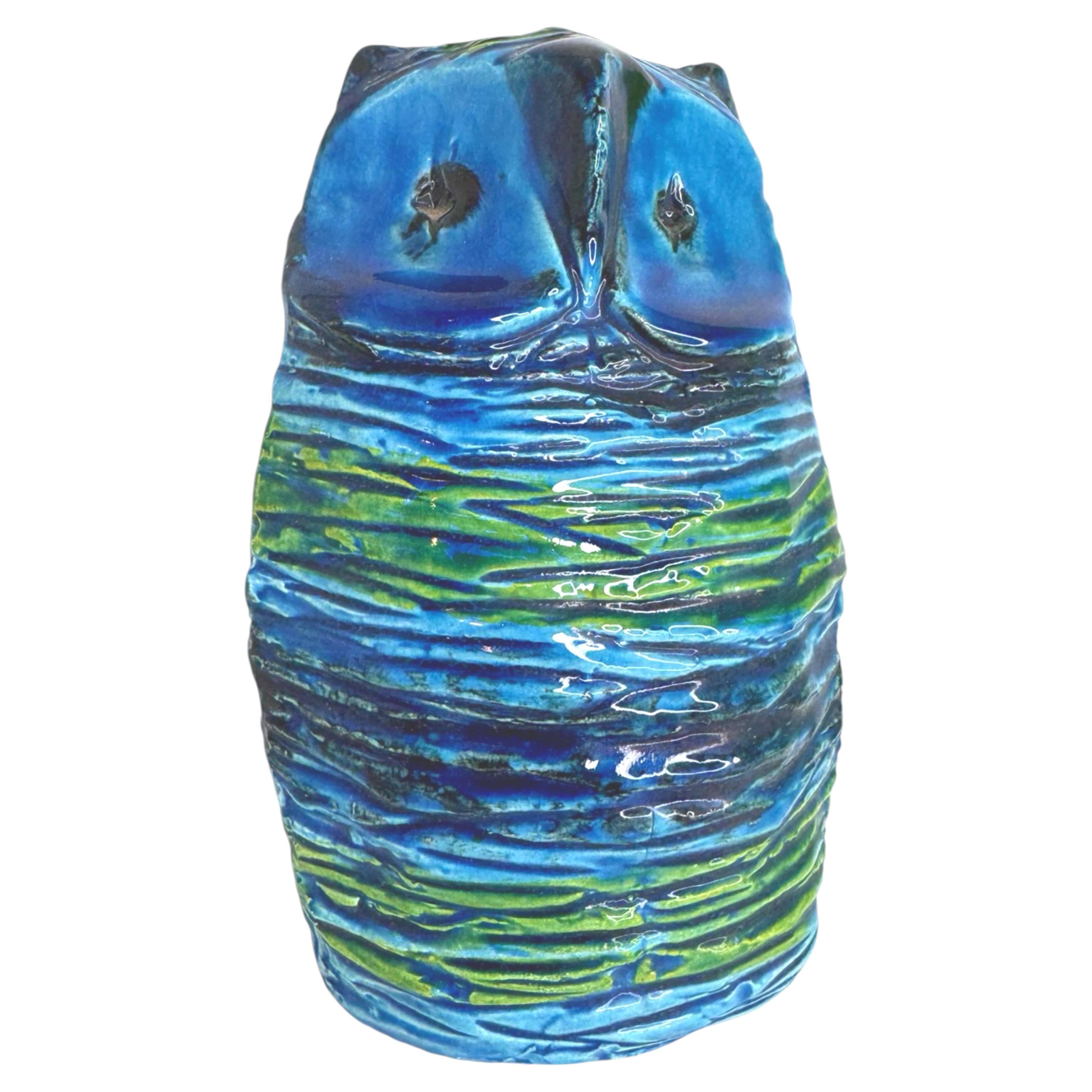 Bitossi Rimini Blue Ceramic Owl Sculpture by Aldo Londi, Italy, 1960s