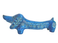 Bitossi Rimini Blue Ceramic Sausage Dog Dachshund Sculpture by Aldo Londi, Italy