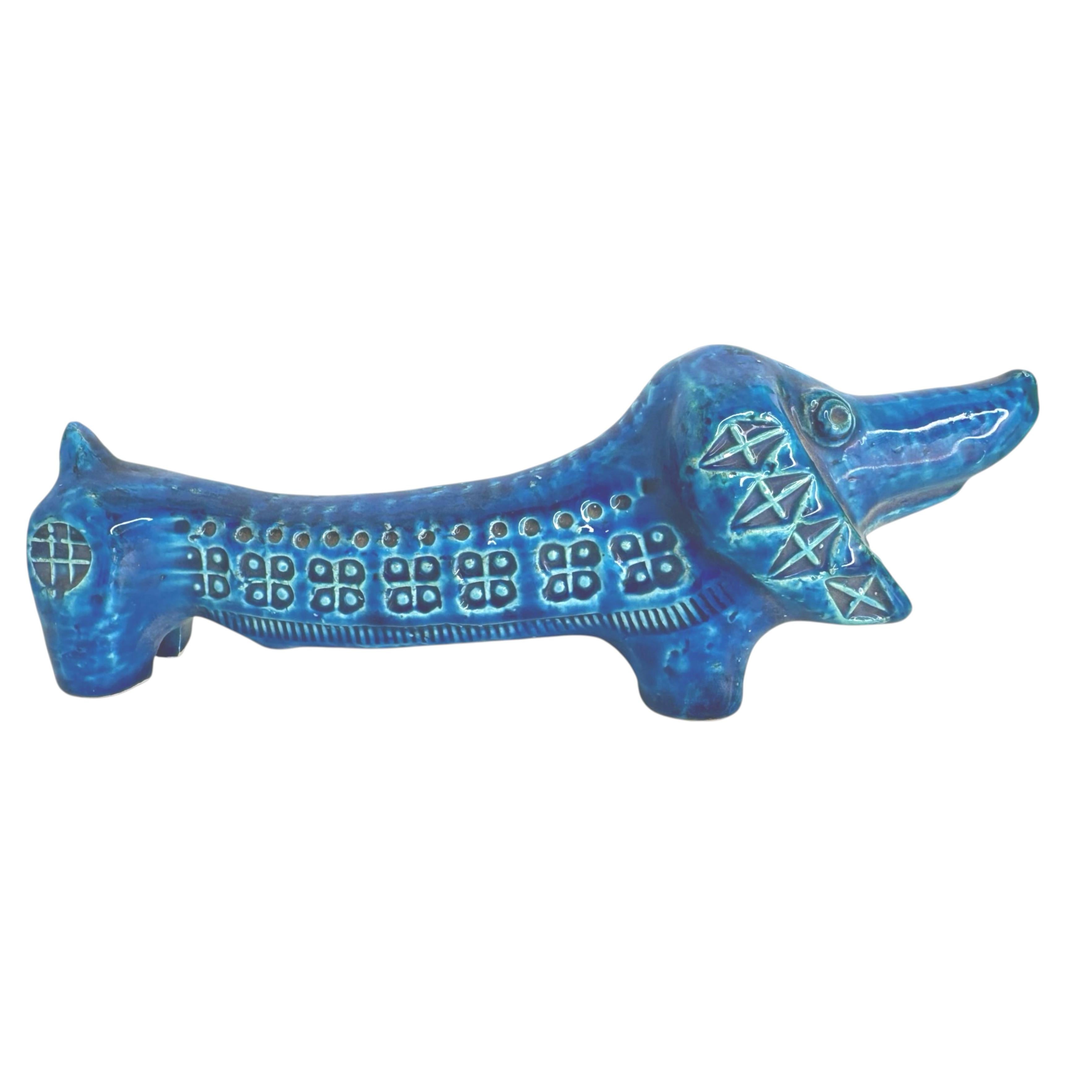 Bitossi Rimini Blue Ceramic Sausage Dog Dachshund Sculpture by Aldo Londi, Italy