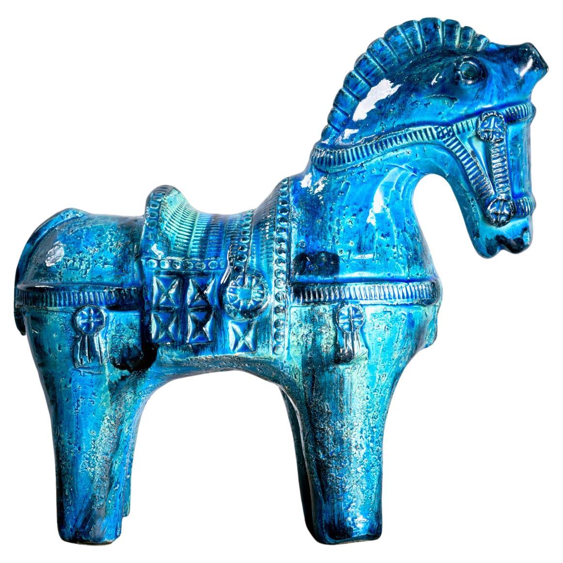 Bitossi rimini blue horse sculpture by Aldo Londi, Italy, signed en vente