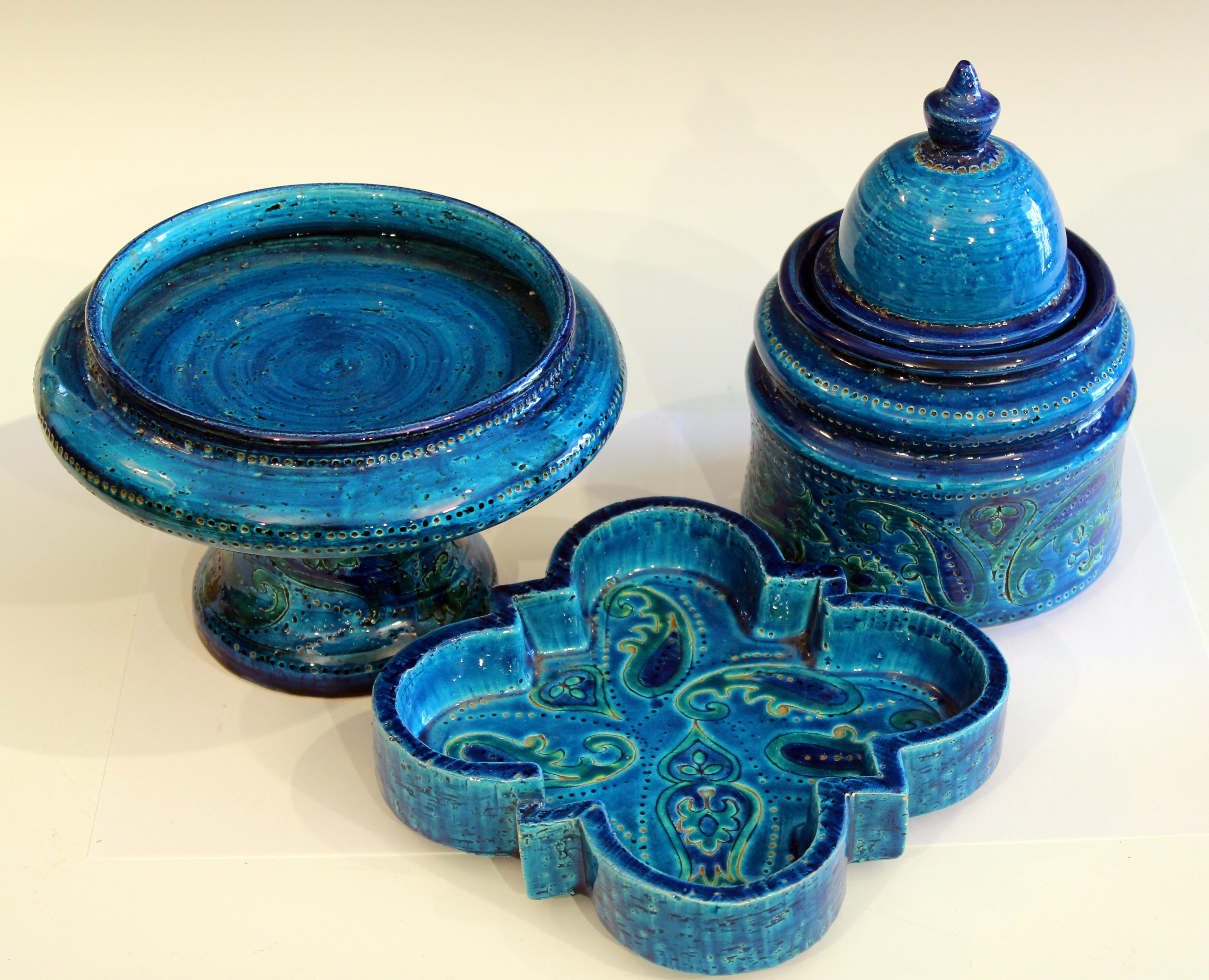 Mid-Century Modern Bitossi Rimini Blue Pottery Londi Vase Italian Raymor Ceramic Jar Compote Set
