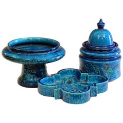 Retro Bitossi Rimini Blue Pottery Londi Vase Italian Raymor Ceramic Jar Compote Set