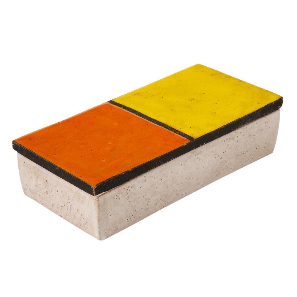 Bitossi Rosenthal Netter box, ceramic, mondrian orange yellow, signed. The lid features two color blocks glazed in orange and yellow. The bottom is glazed in white and retains the original label, which reads: Crafted in Italy for Rosenthal Netter